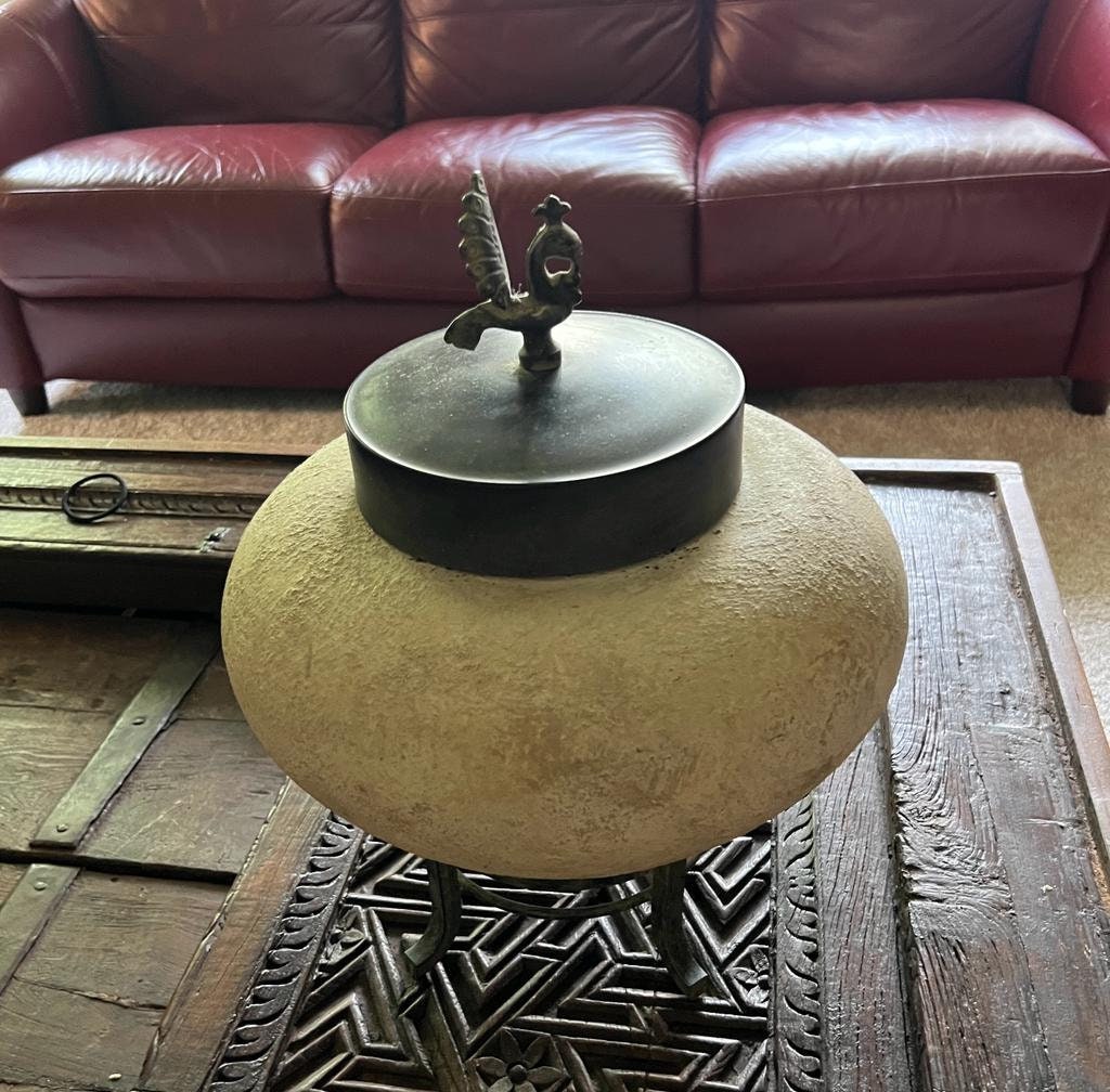 Vintage Stone Pot Bronze Lid Rooster Handle Rustic Handmade Clay Jar Decorative Lidded Vessel Collectible Farmhouse Primitive Decoration