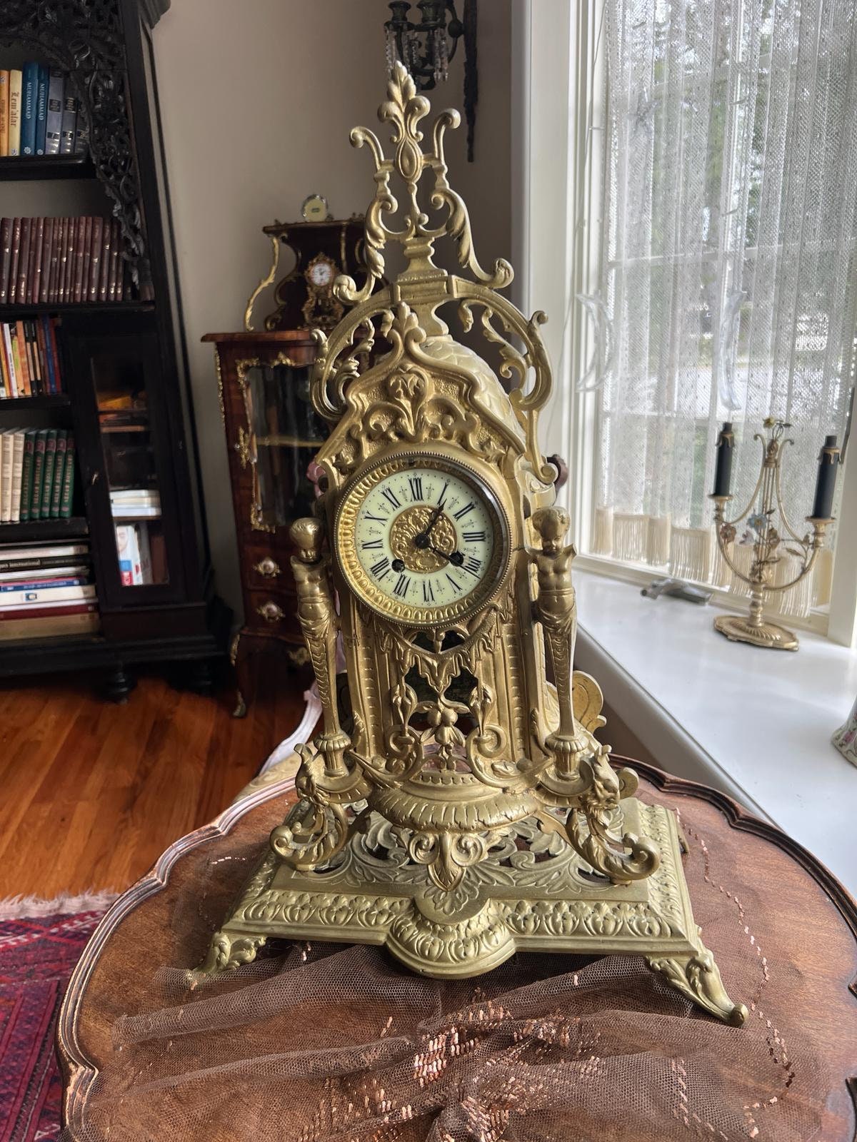 Antique French Brass Mantel Clock Rococo Style Decorative Piece Elegant Design Working Condition Statement Decor Collectible Treasure