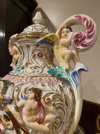 Hand Painted Italian Capodimonte Urn Rococo Cherub Nude Relief Mythological Decoration Baroque Porcelain Centerpiece Collectible Masterpiece