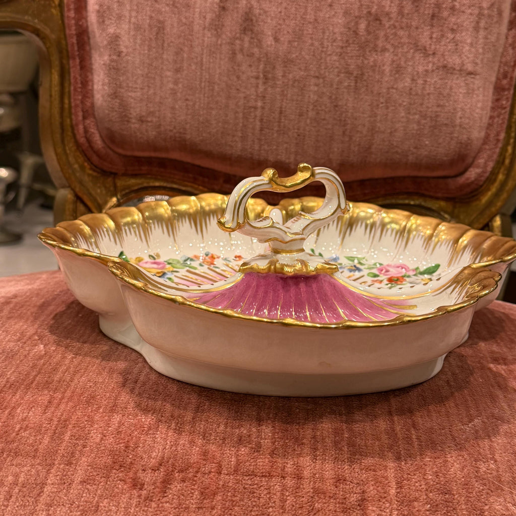 Antique German Hand-Painted Floral Gilt Porcelain Serving Dish, Rococo Candy Bowl