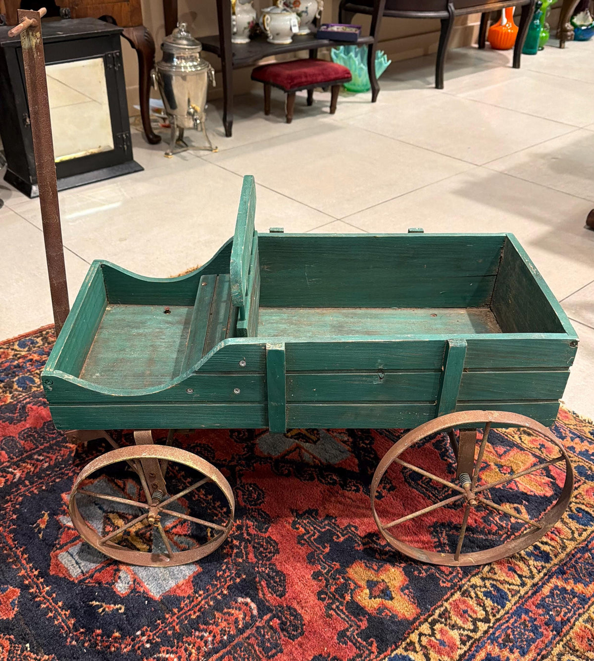 Antique Wooden Wagon Green Child Pull Wagon Primitive Farm Cart Rustic Farmhouse Decor Outdoor Planter