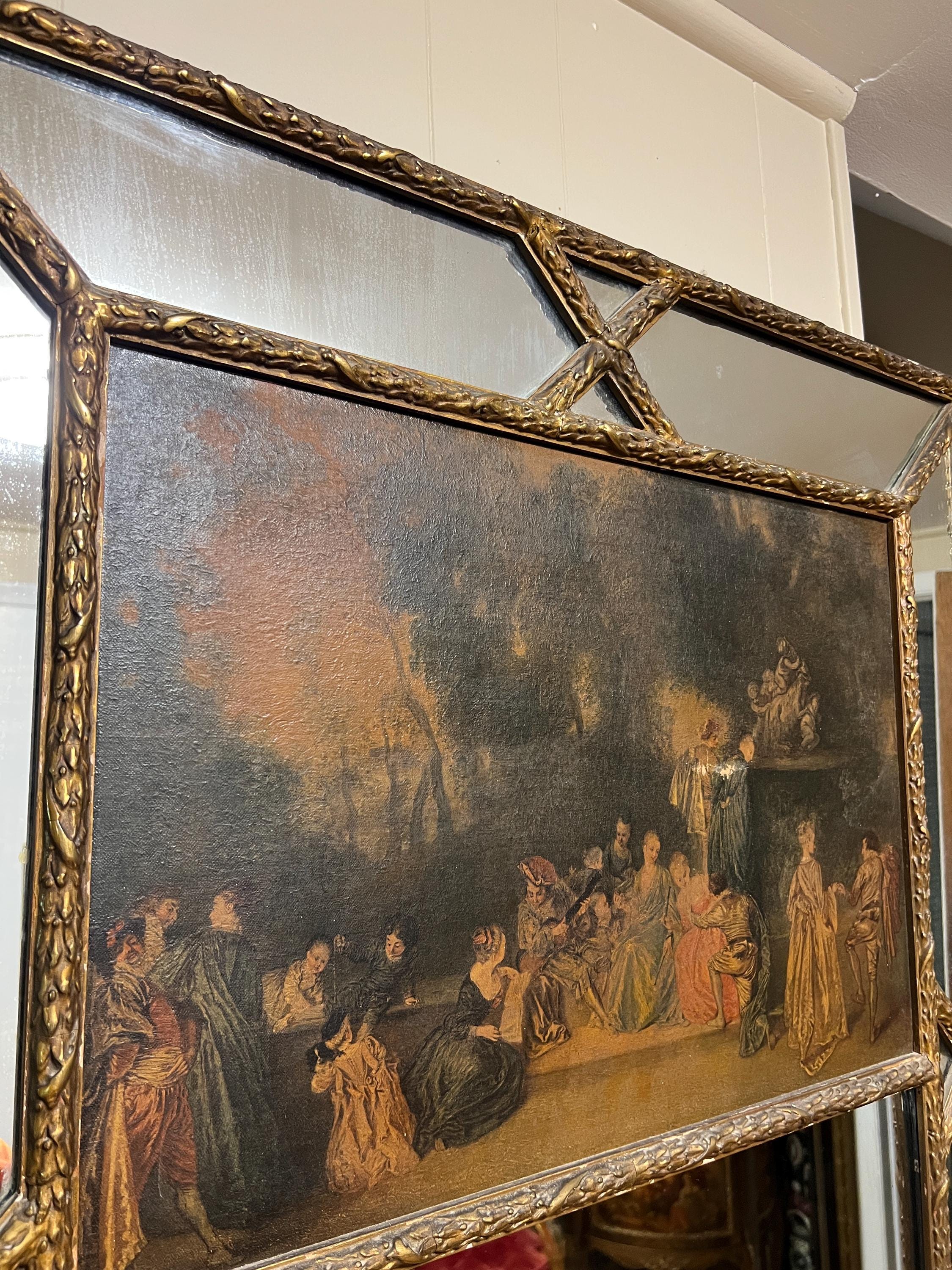 Antique  French Trumeau Gold Wood with Oil  Painting Tall Mirror 1900s