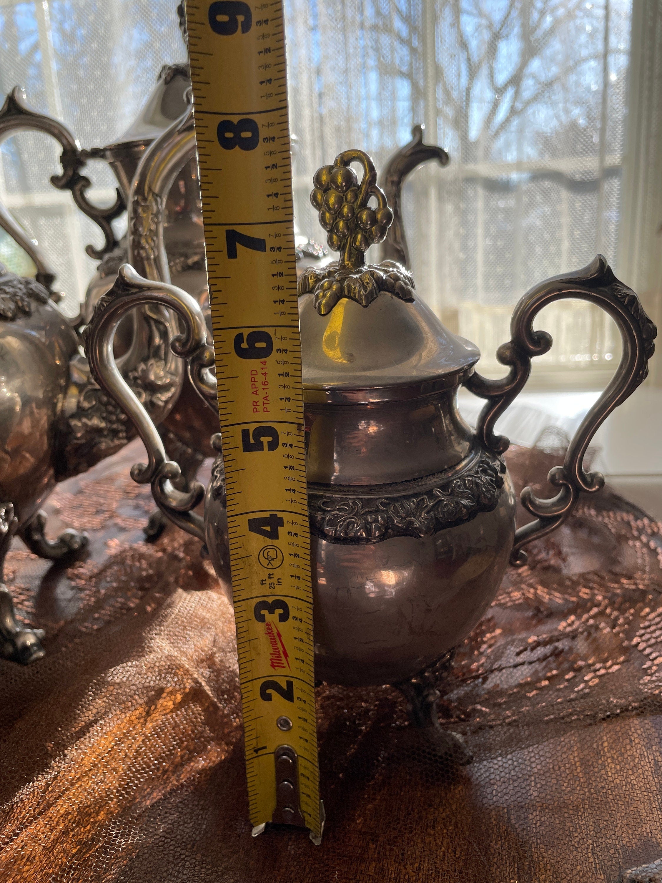 Vintage Silver Plated Copper Tea and Coffee Pot Set with Sugar Pot grapes leaves