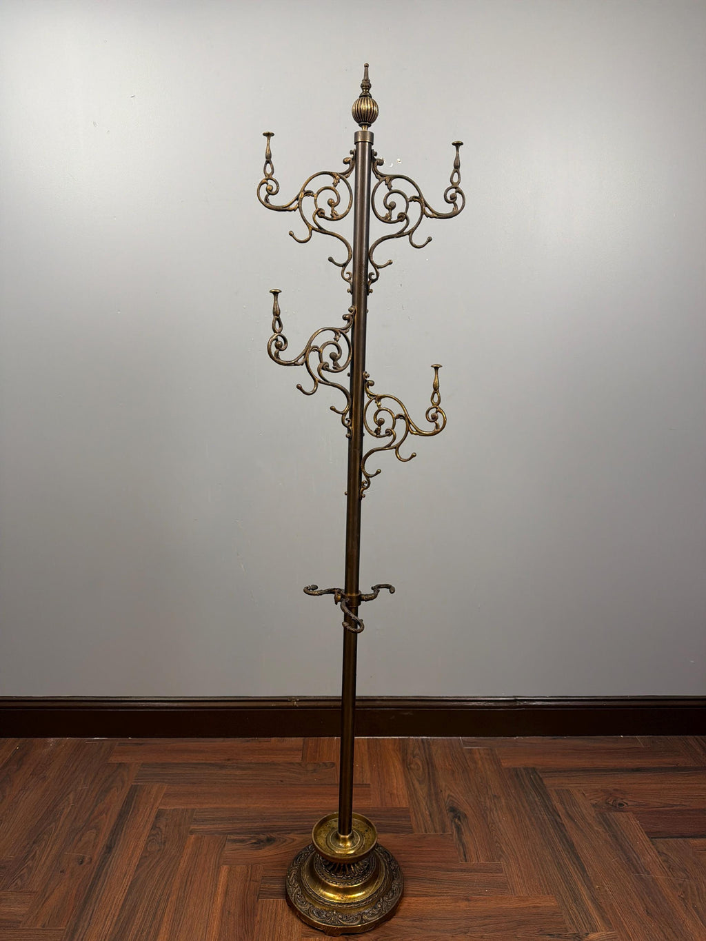 Antique Brass Rococo Revival Coat Stand | Ornate Victorian Entry Hall Tree