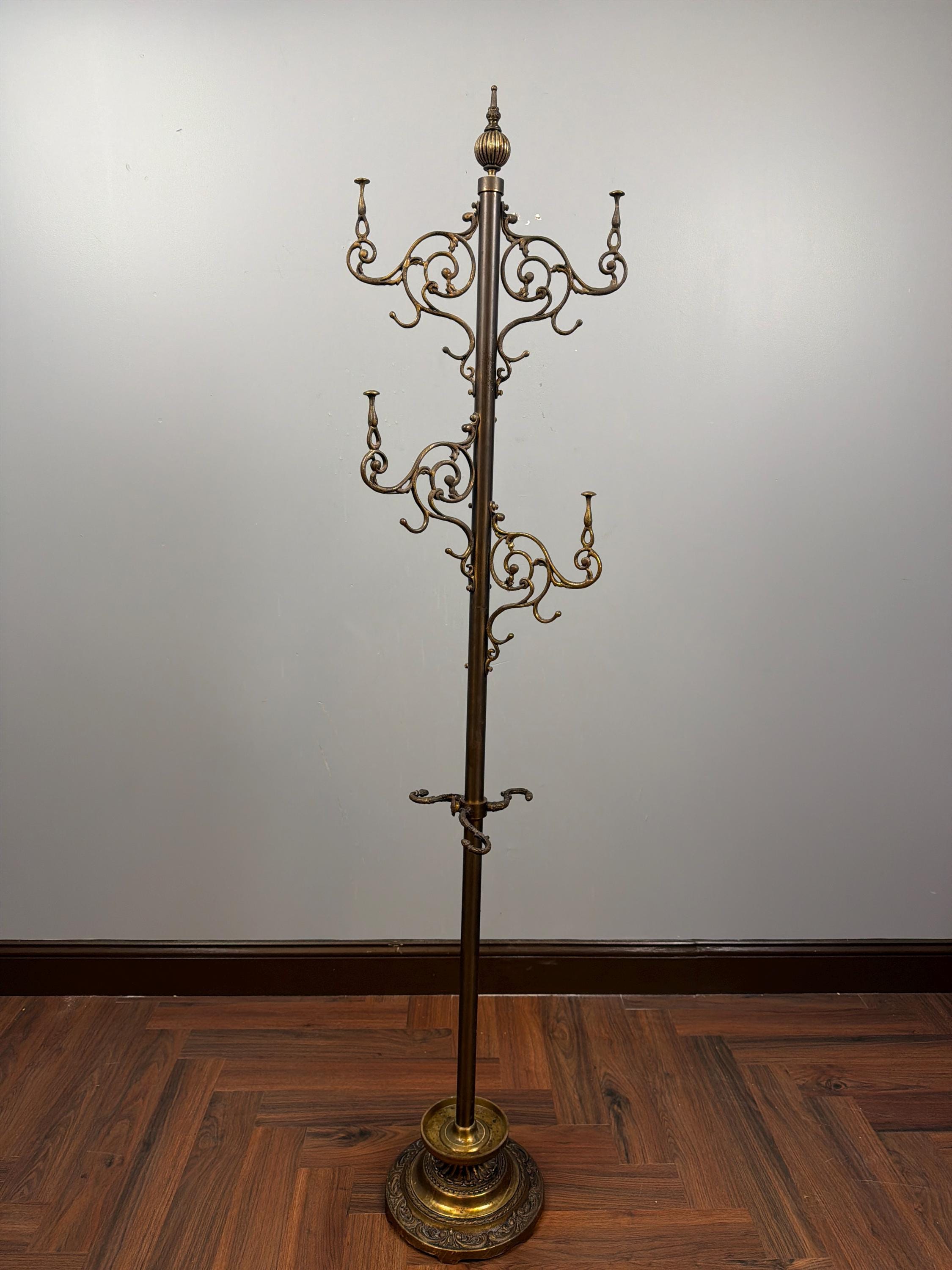 Antique Brass Rococo Revival Coat Stand | Ornate Victorian Entry Hall Tree