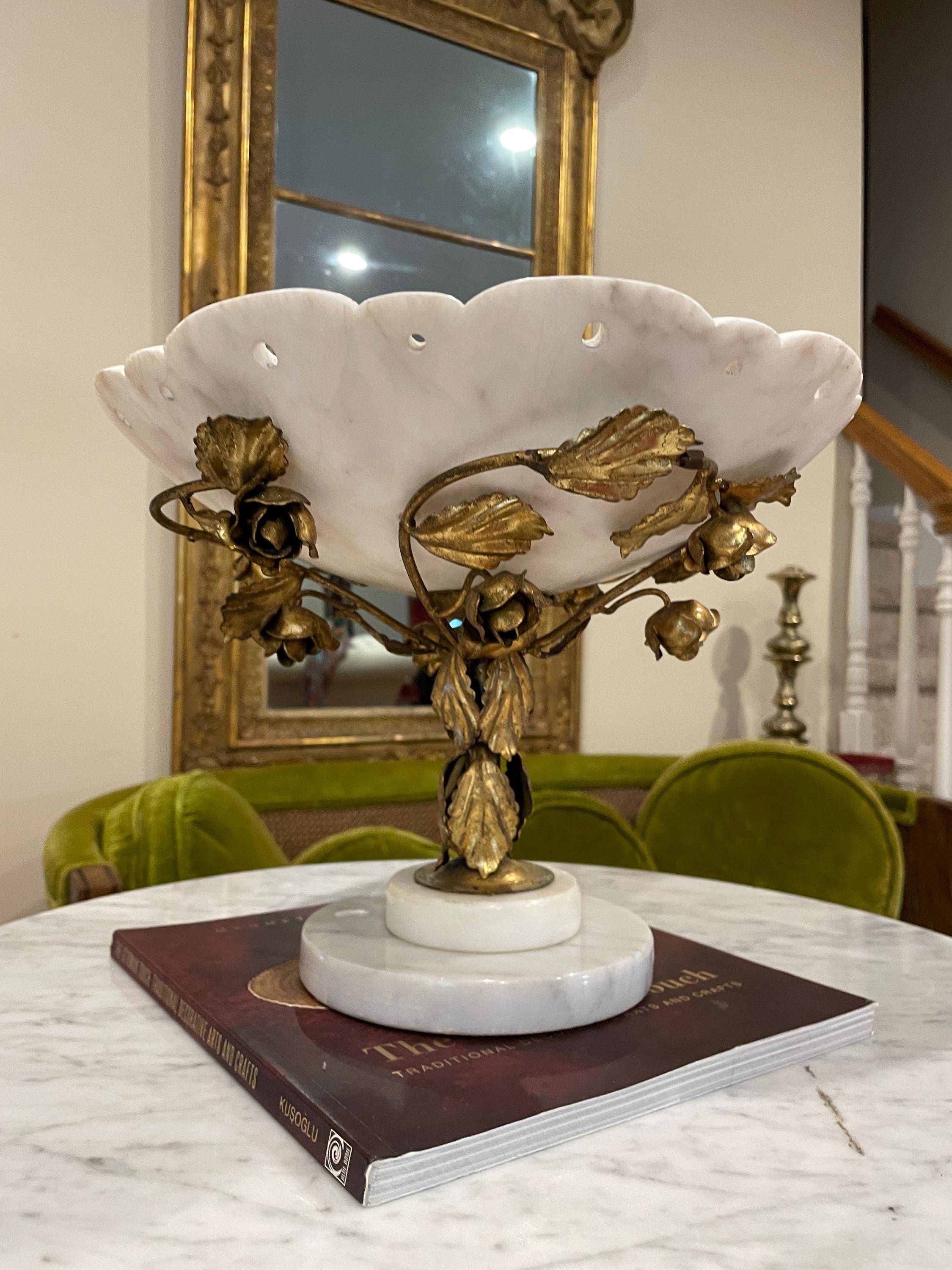 Antique White Marble Compote Centerpiece Pedestal Bowl Ornate Floral Gilt Brass Base French Victorian Table Decor Elegant Classic Accent