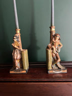 Rare Garnier French Bookend Pair Art Deco Ceramic Characters Candle Holder Unique Colorful Home Decoration Shelf Accent Conversation Piece