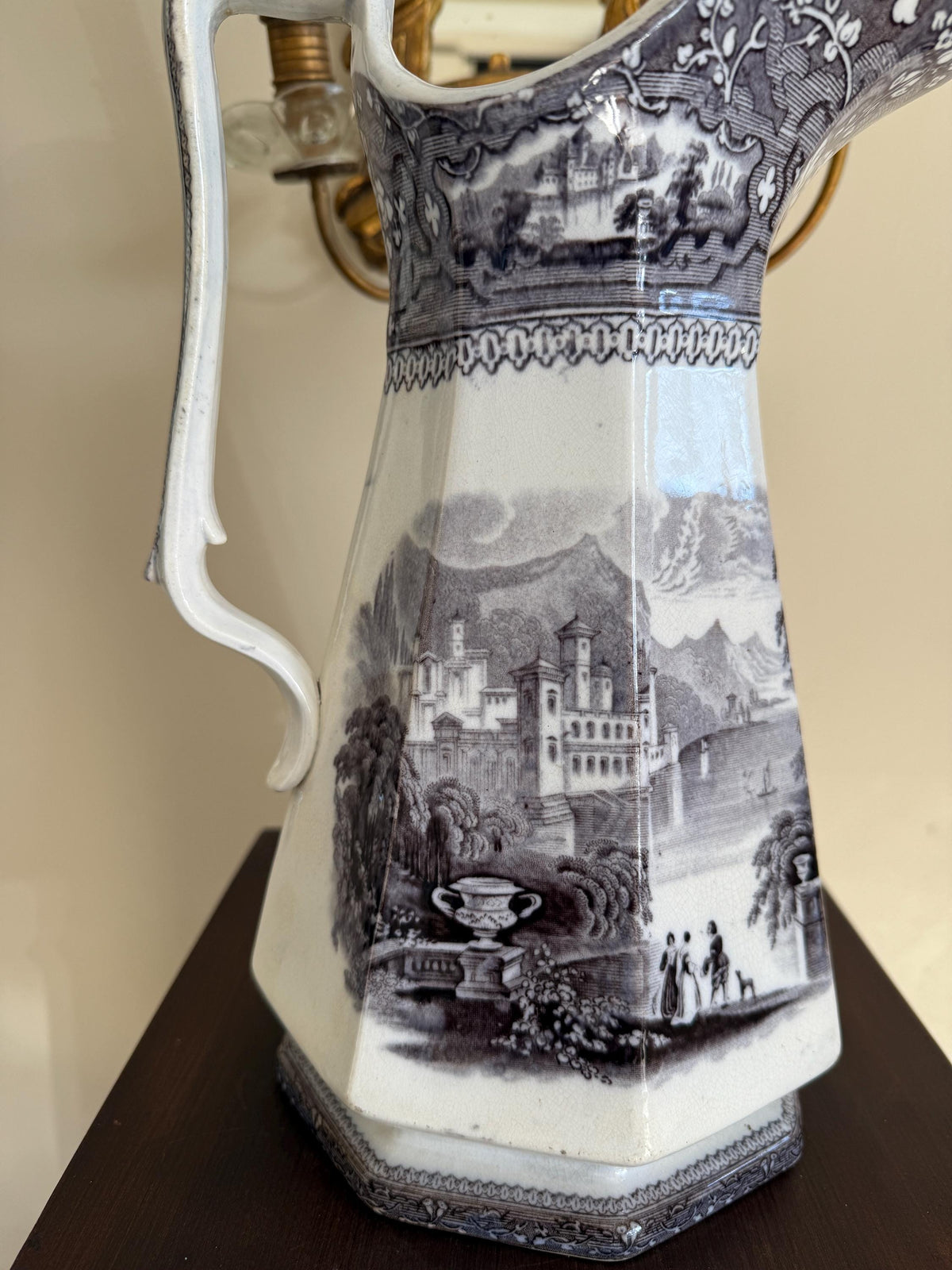 Antique Jug Pitcher Alleghany Ironstone Black Transferware Jug by R. Goddard & Co.19th C. American Pottery Romantic Pastoral Landscape Motif