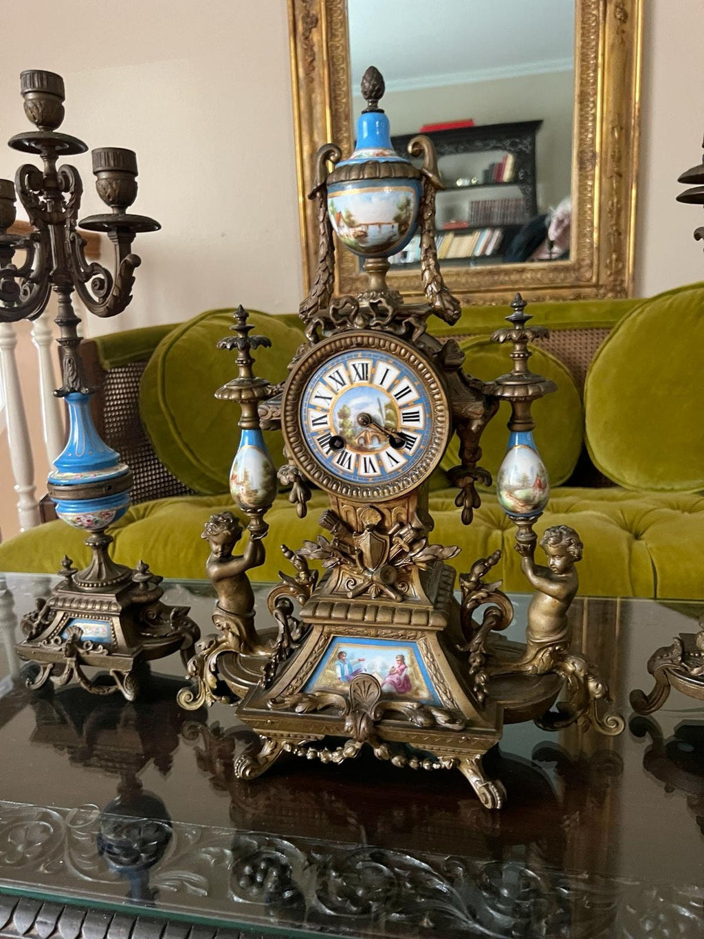 Antique French Sevres Style Clock Set Bronze Blue Porcelain Candelabra Mantel Decor Elegant Rococo Design Home Accent Collectible Piece
