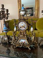 Antique French Sevres Style Clock Set Bronze Blue Porcelain Candelabra Mantel Decor Elegant Rococo Design Home Accent Collectible Piece