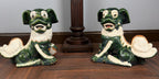 Vintage Green Glazed Foo Dog Pair, 16" Chinese Guardian Lions, Hollywood Regency Chinoiserie Statues