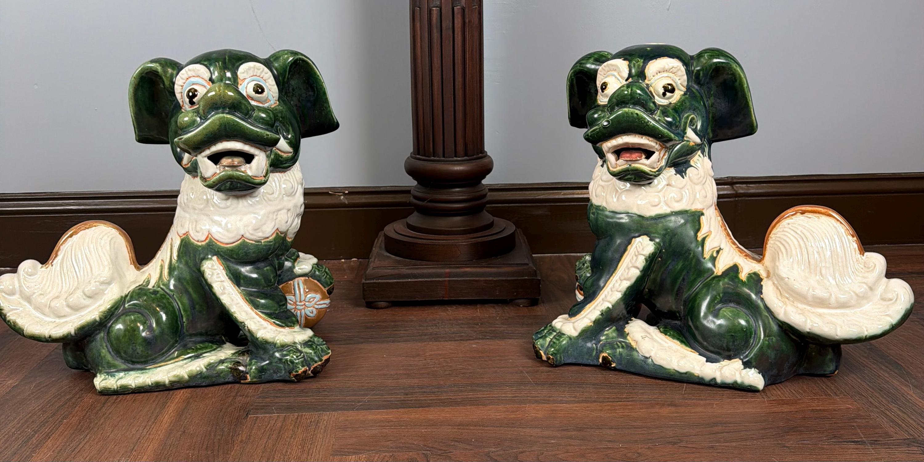 Vintage Green Glazed Foo Dog Pair, 16" Chinese Guardian Lions, Hollywood Regency Chinoiserie Statues