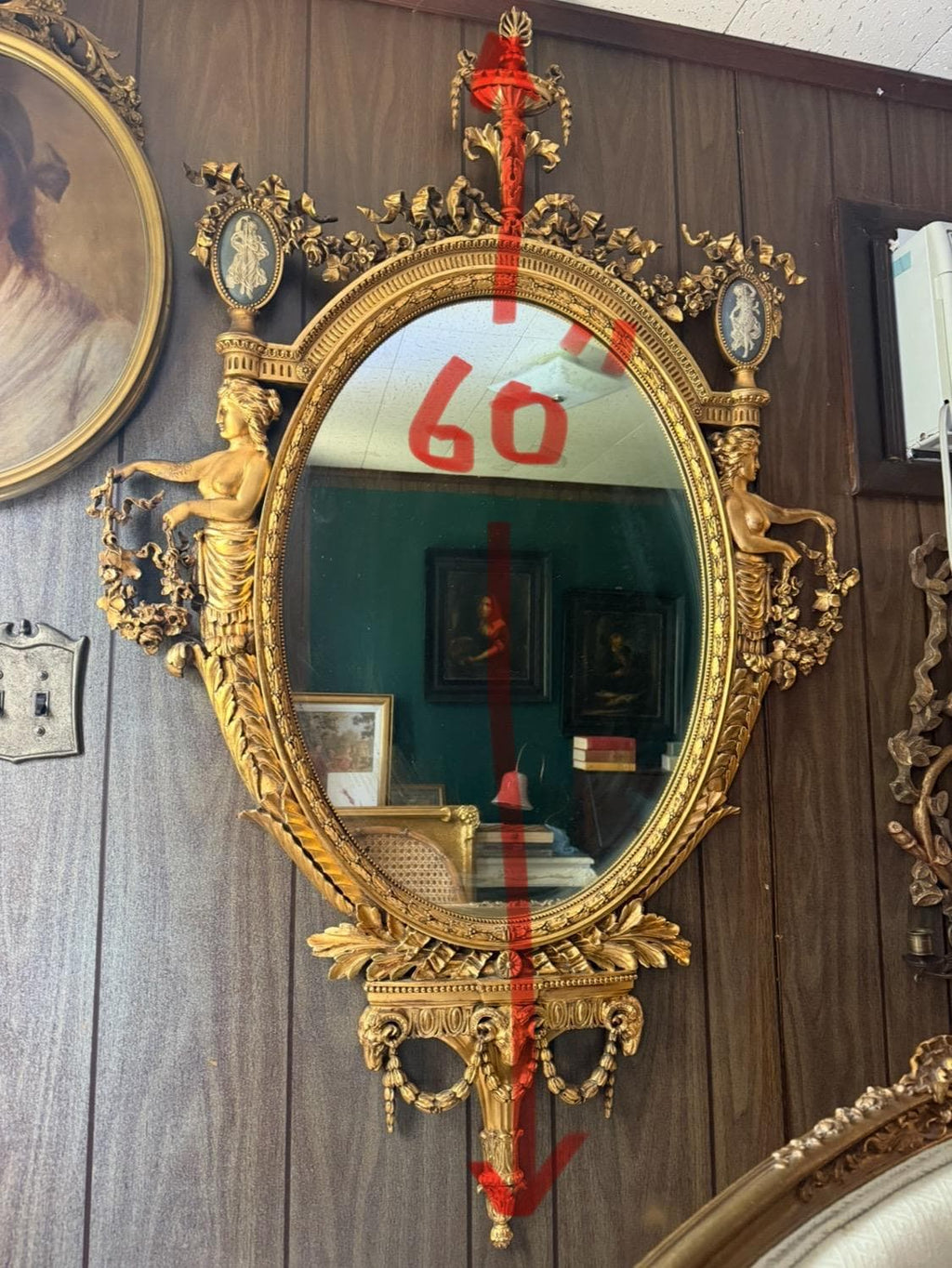 Antique French Gilded Convex Mirror, Neoclassical Urn & Female Figures