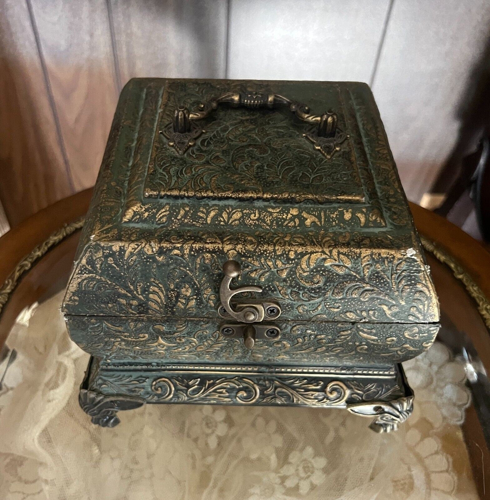 Ornate Vintage Style Green Gold Jewelry Box Floral Raised Pattern Decorative Footed Chest Clock Hidden Compartment Elegant Unique Treasure