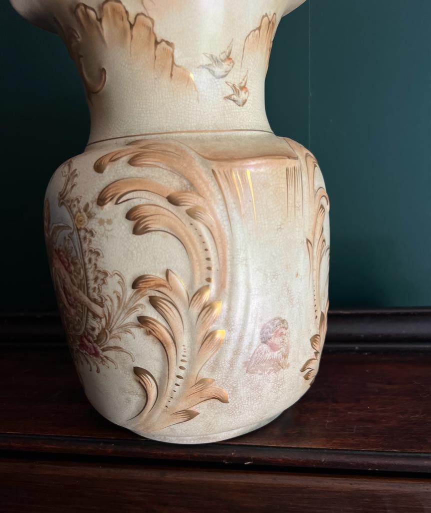 Large Vintage Rococo Vase Cherub Motif Floral Design Ornate Porcelain Gold Accents Decorative Angel Baroque French Style Romantic Chic
