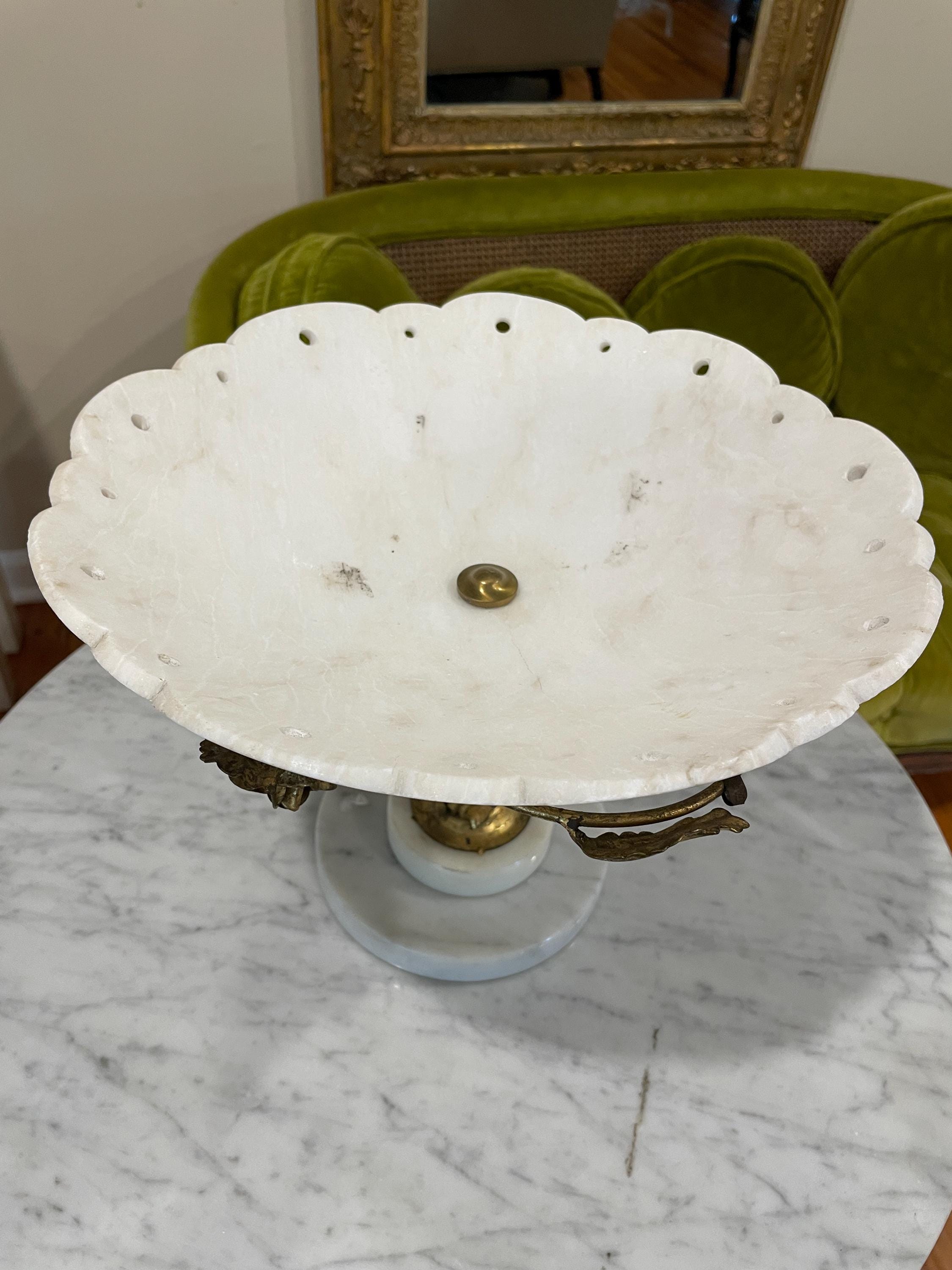 Antique White Marble Compote Centerpiece Pedestal Bowl Ornate Floral Gilt Brass Base French Victorian Table Decor Elegant Classic Accent