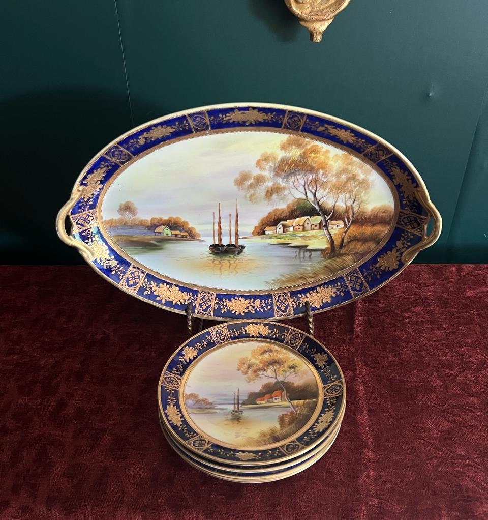 Vintage Japan Porcelain Plate Set Cobalt Blue Gold Trim Scenic Lake Village Landscape Hand Painted Display Art Decor Collectible Elegant