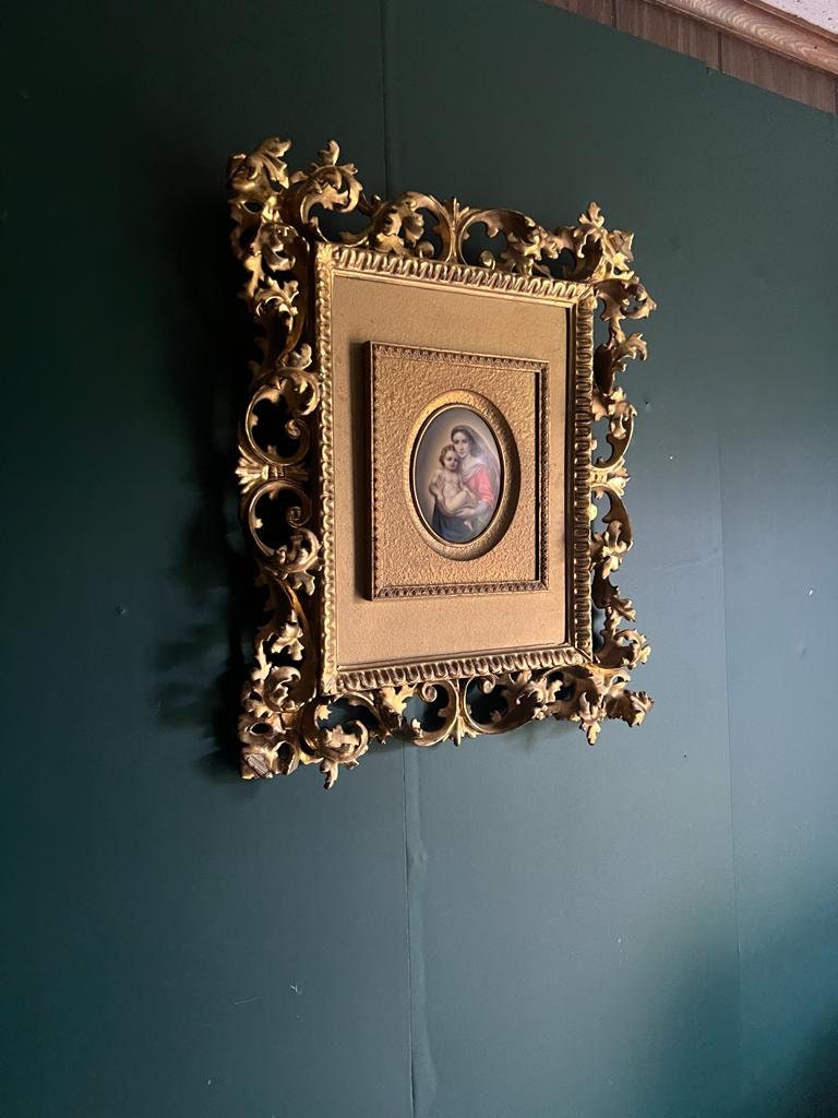 Antique KPM Porcelain Rare Oil Painting of Madonna on an Oval porcelain plaque Gold Gilwood Framed