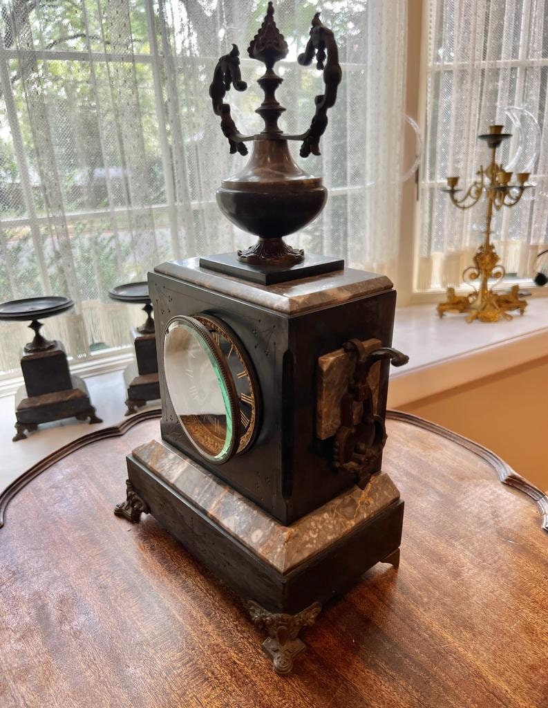 Antique French Marble Clock Set Victorian Black Slate Bronze Ormolu Mantelpiece Decorative Vintage Clock Collectible Centerpiece Rare Gift