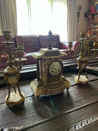 19th Century Alabaster & Brass Mantel Clock Set with Candelabras