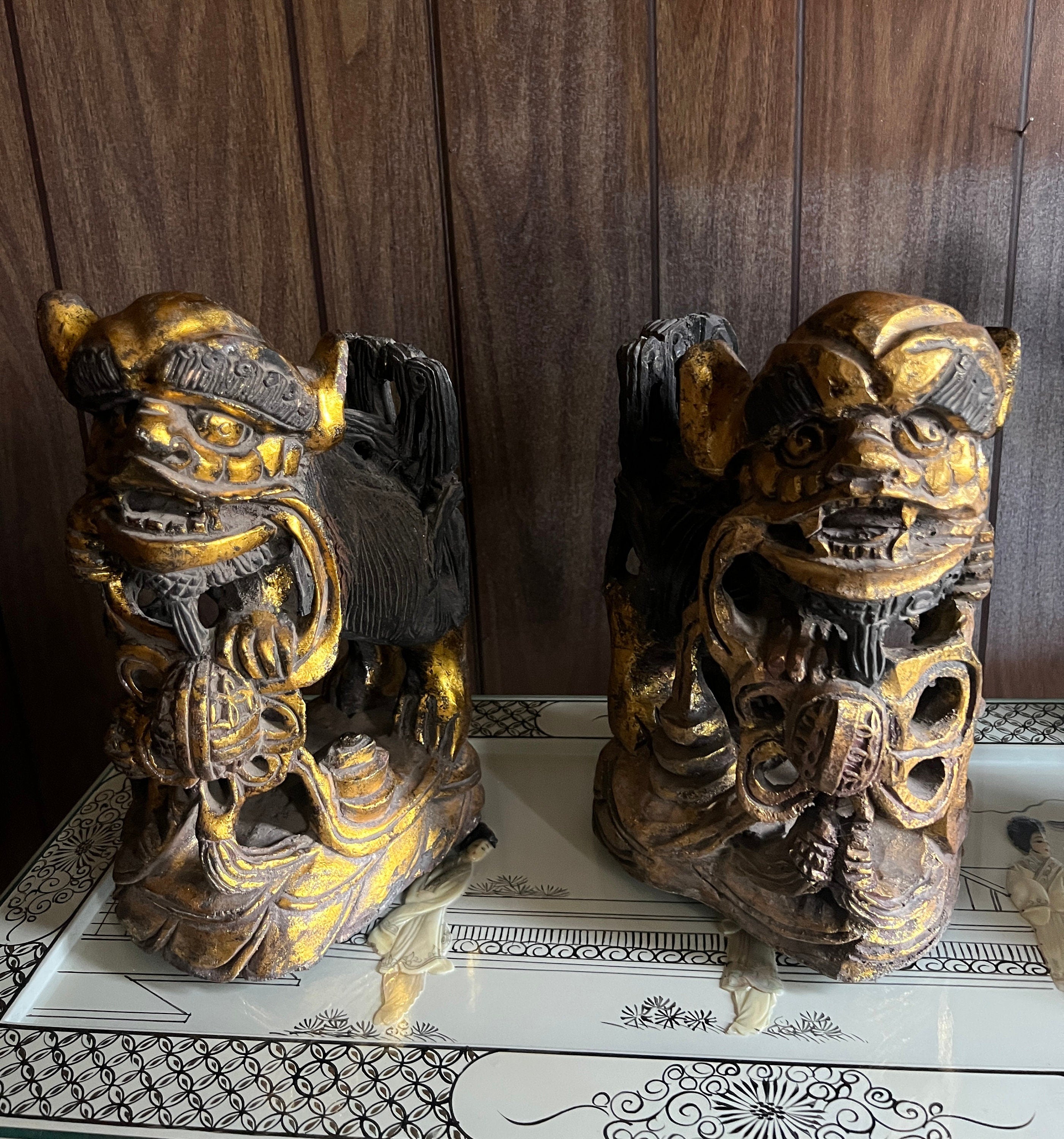 Antique Asian Foo Dog Sculptures Pair Hand Carved Guardian Lions Gold Accents Temple Decor Wood Figurines Home Collectible Art Statue