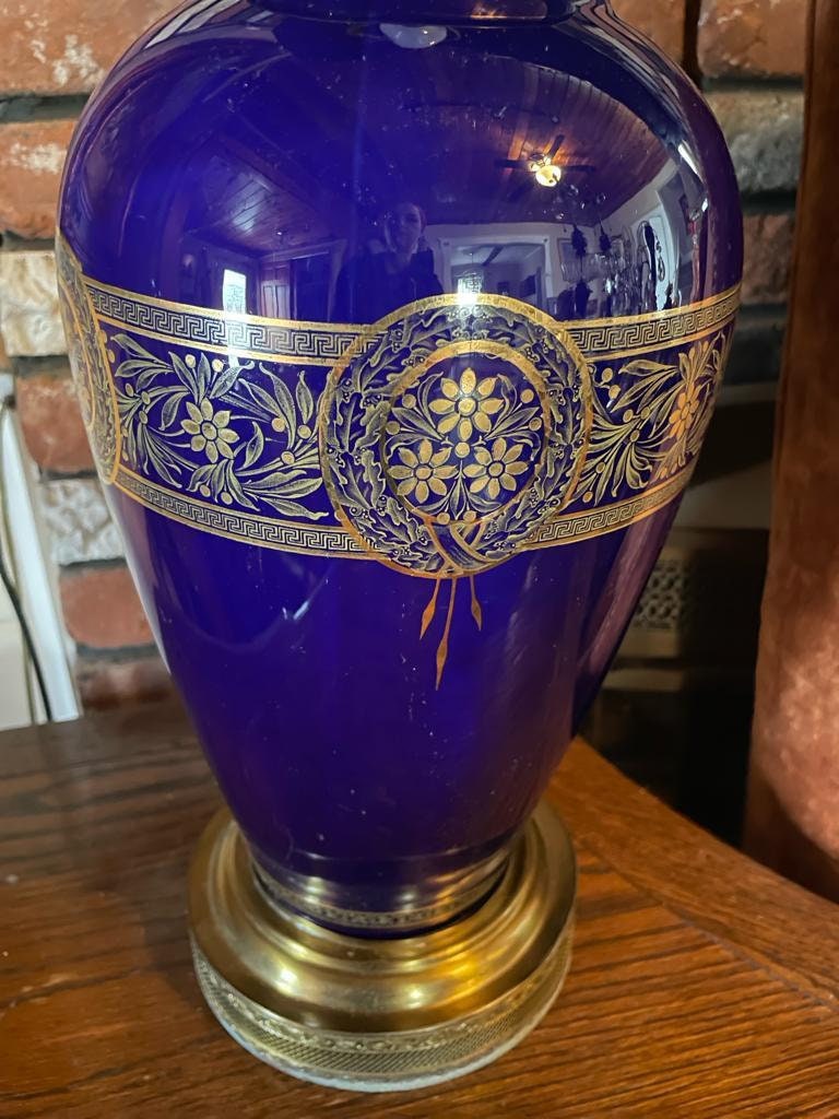 Antique Cobalt Blue Glass Table Lamp Gilt Floral Design Brass Base Elegant Lighting French Style Accent Vintage Home Decoration Unique Piece