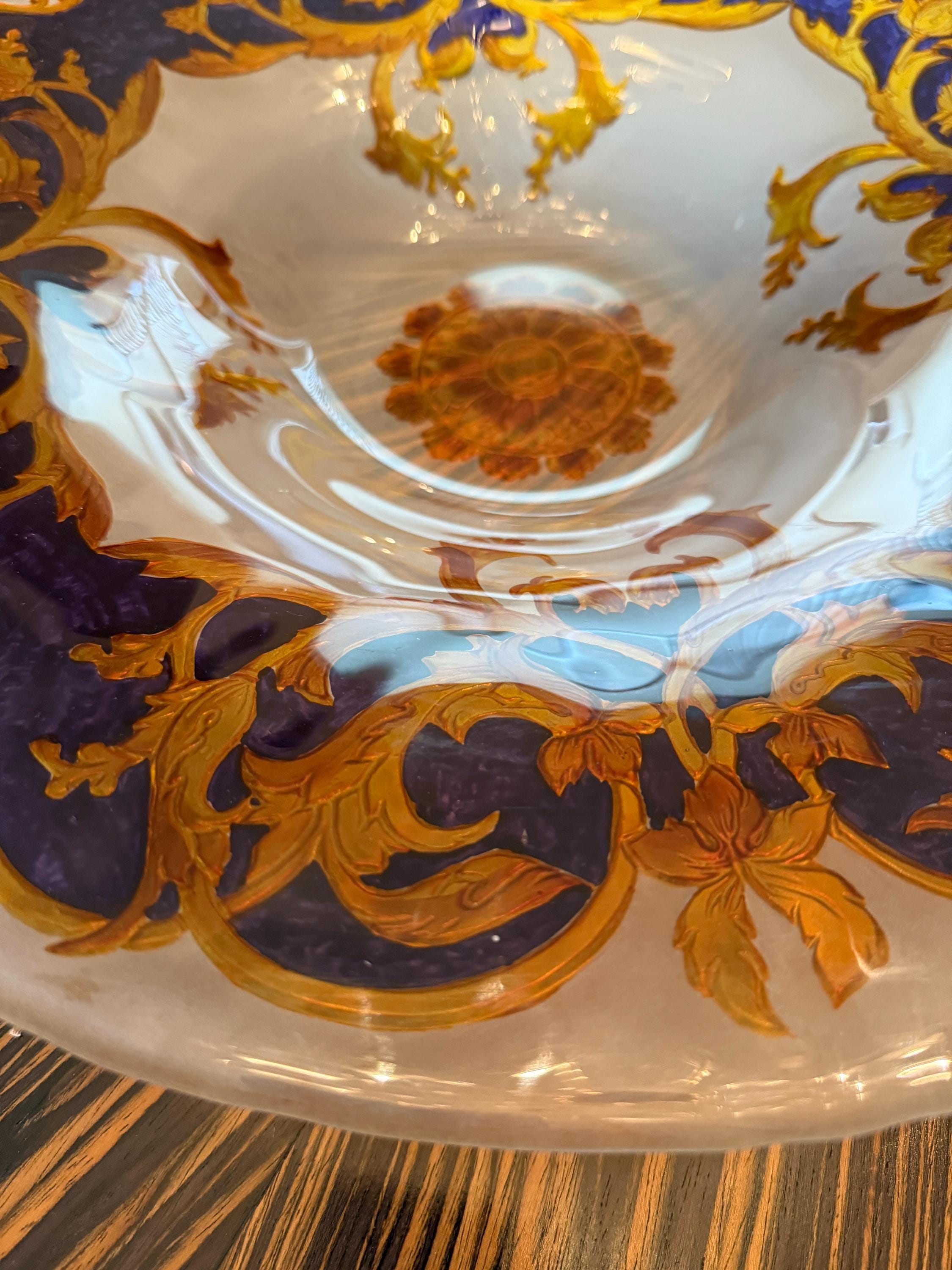 Vintage Glass Versace Style Gold & Cobalt Blue Decorative Centerpiece Serving Plate  Glass Centerpiece Bowl  Elegant Home Decor 18.5" 3.5"