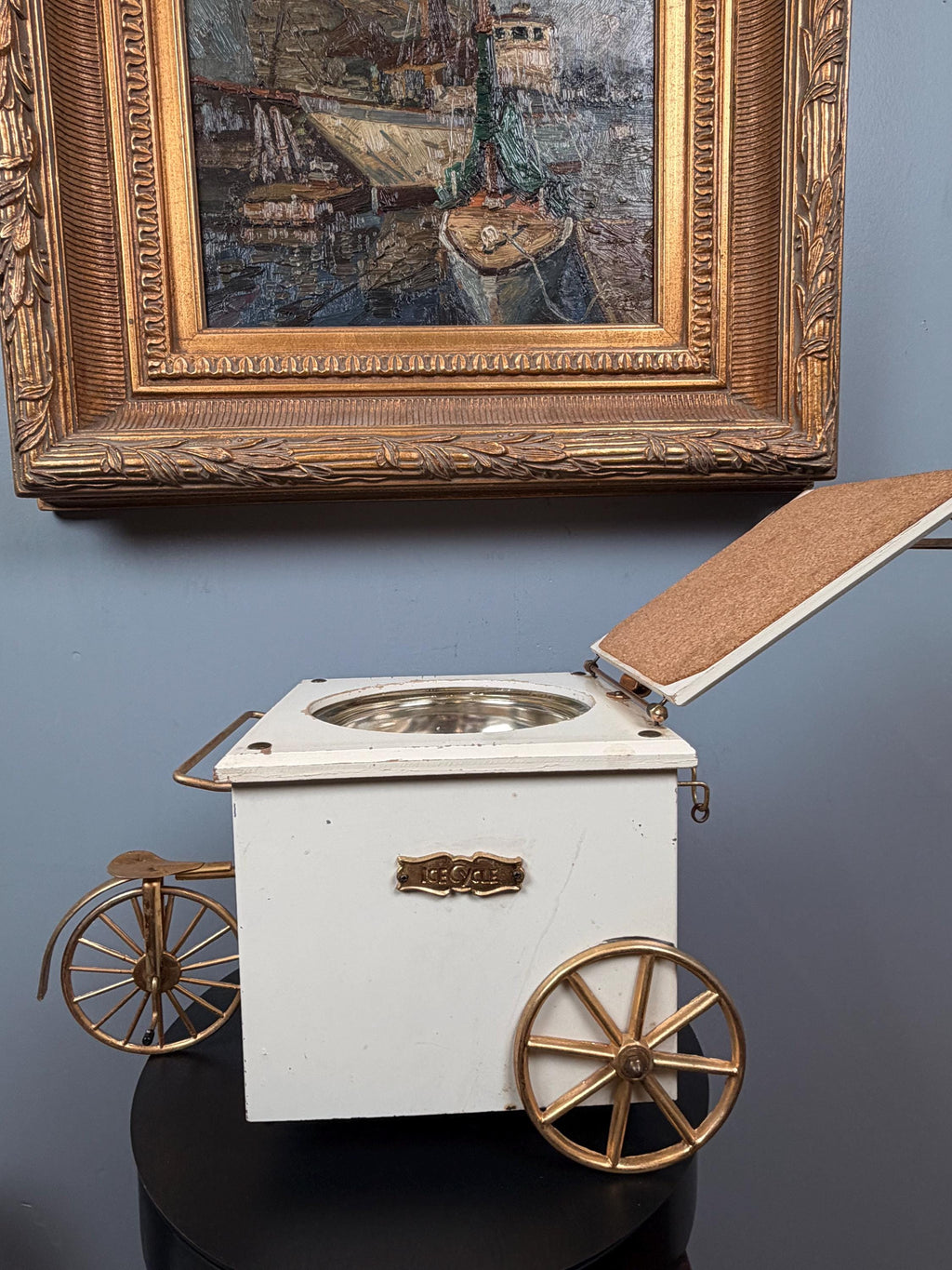 Vintage Ice Cycle Tricycle Ice Bucket Wine Cooler Bar Cart Brass & White Wood Barware