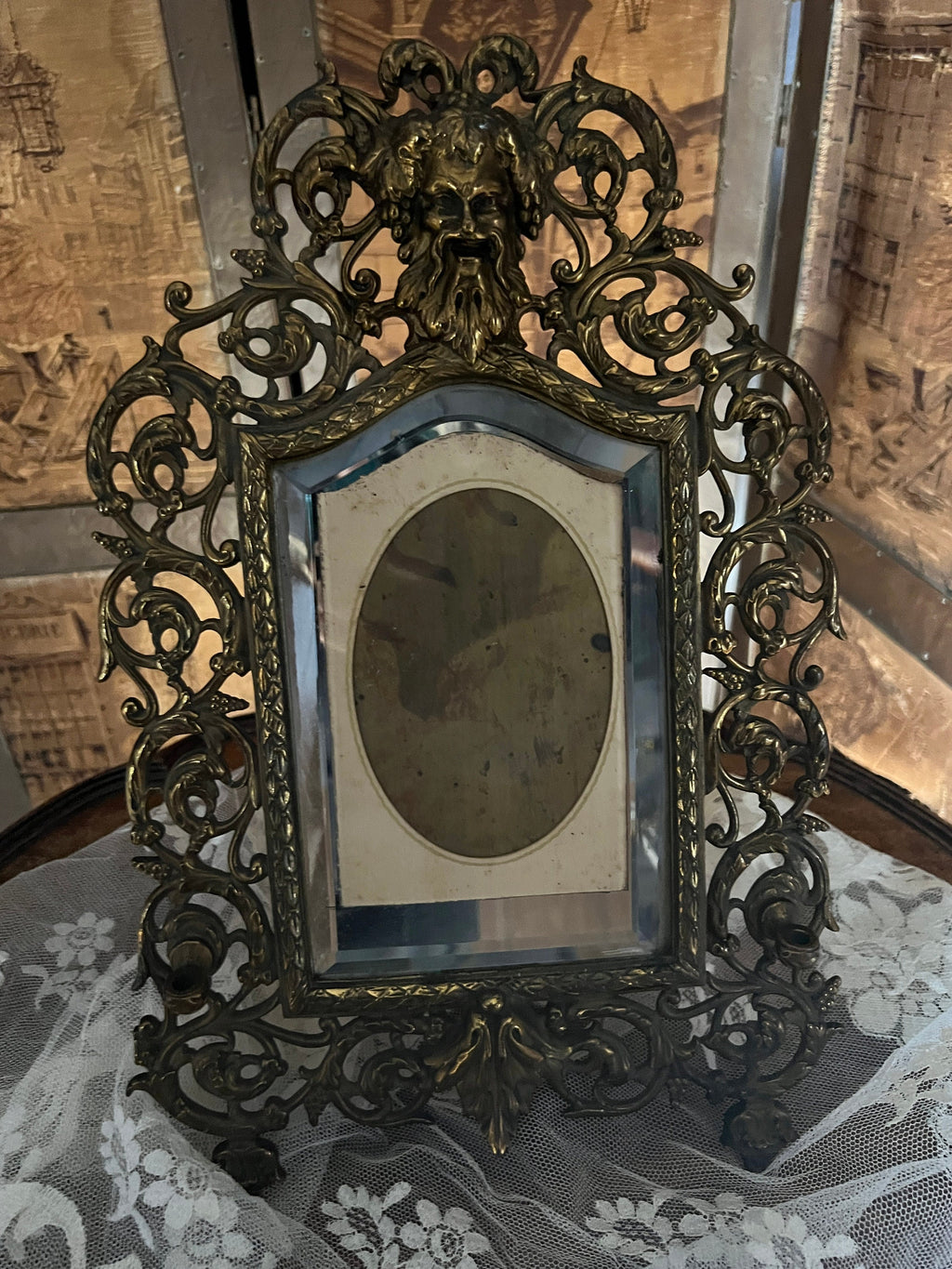 P.E. Guerin Brass And Copper Picture Frame With Repousse Satyr Collectible Mirrored Frame Rare 1850s Ornate Victorian Baroque Decoration