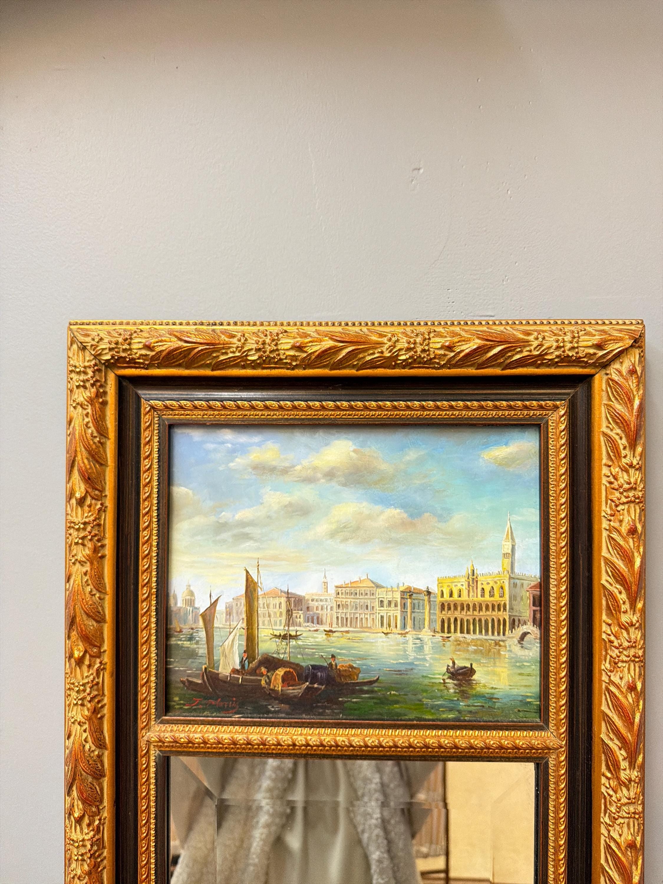 Antique Gilt Wood Mirror with Venetian Scene Painting, Ornate Gold Frame