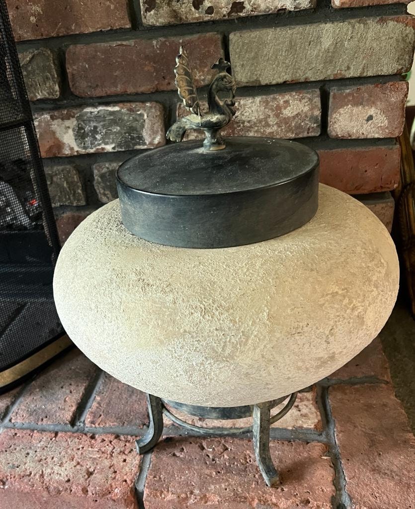 Vintage Stone Pot Bronze Lid Rooster Handle Rustic Handmade Clay Jar Decorative Lidded Vessel Collectible Farmhouse Primitive Decoration