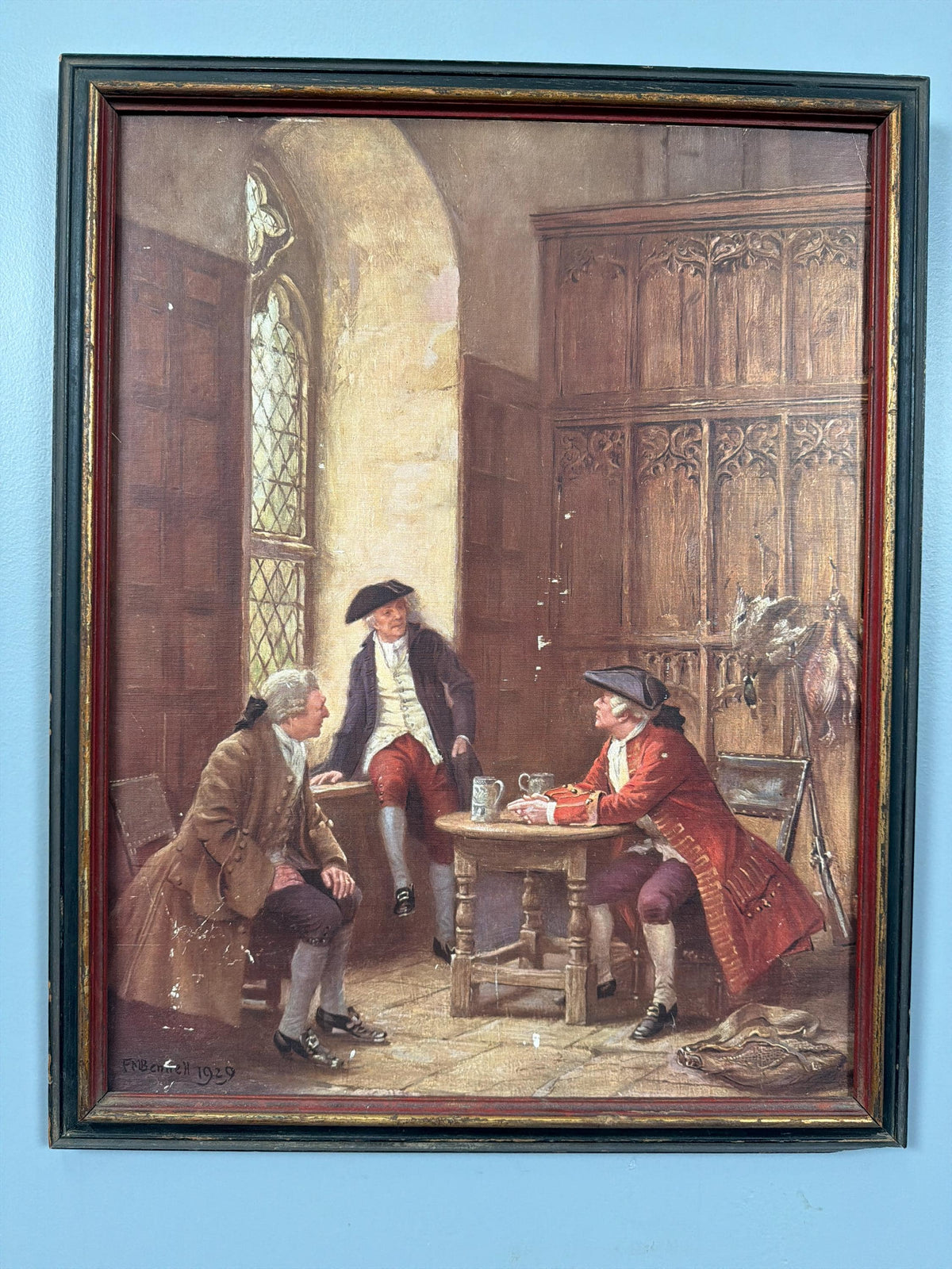 1929 Signed British Genre Old Print – Georgian Tavern Interior Scene, Early 20th Century Historical Revival Artwork