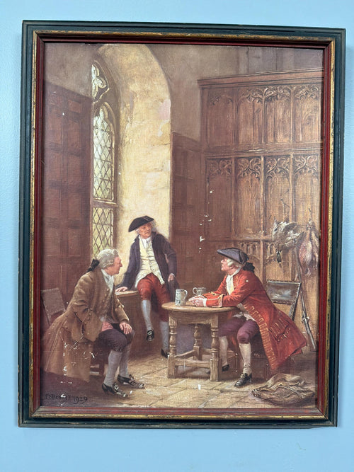 1929 Signed British Genre Old Print – Georgian Tavern Interior Scene, Early 20th Century Historical Revival Artwork