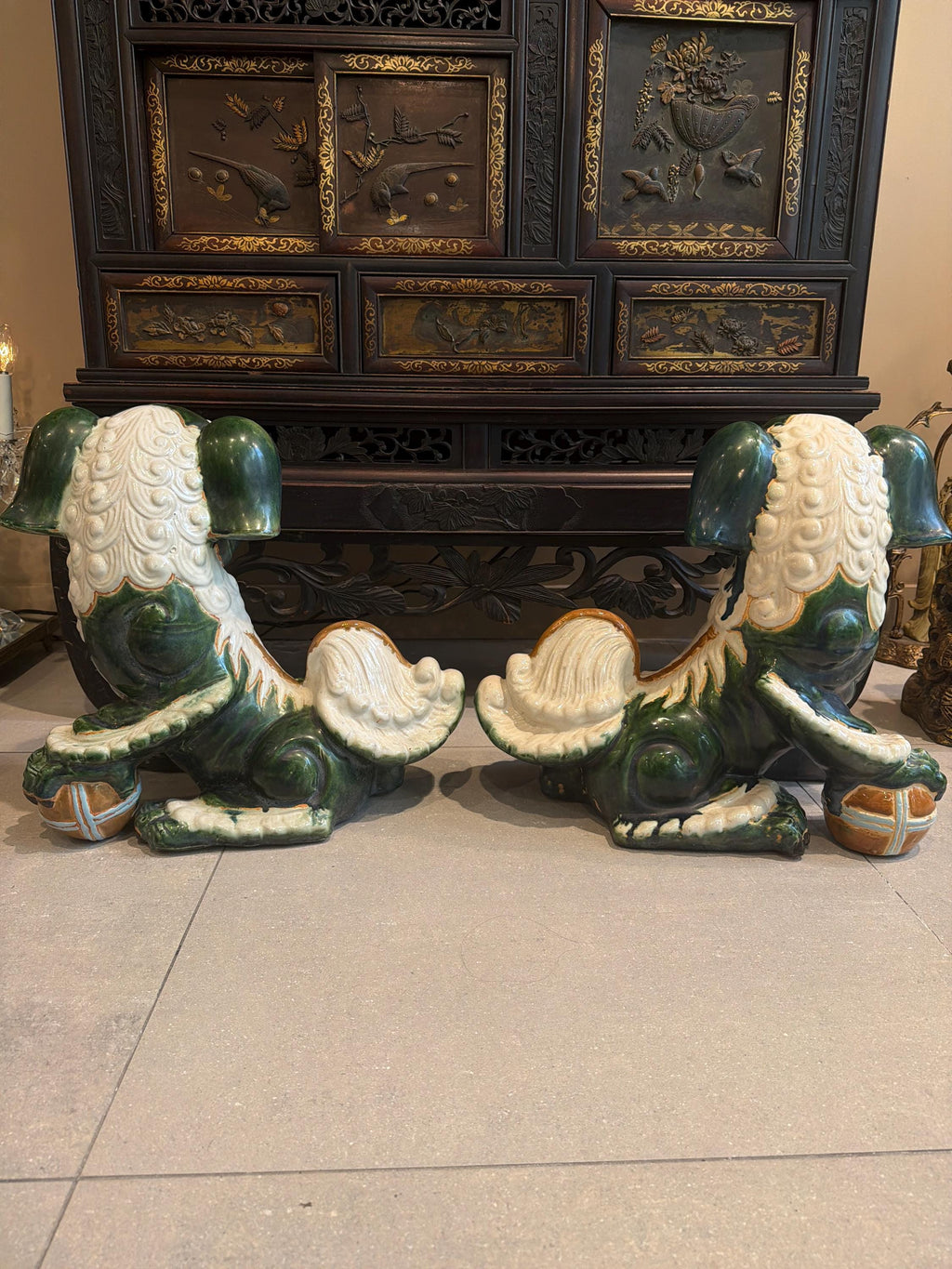 Vintage Green Glazed Foo Dog Pair, 16" Chinese Guardian Lions, Hollywood Regency Chinoiserie Statues