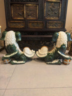 Vintage Green Glazed Foo Dog Pair, 16" Chinese Guardian Lions, Hollywood Regency Chinoiserie Statues