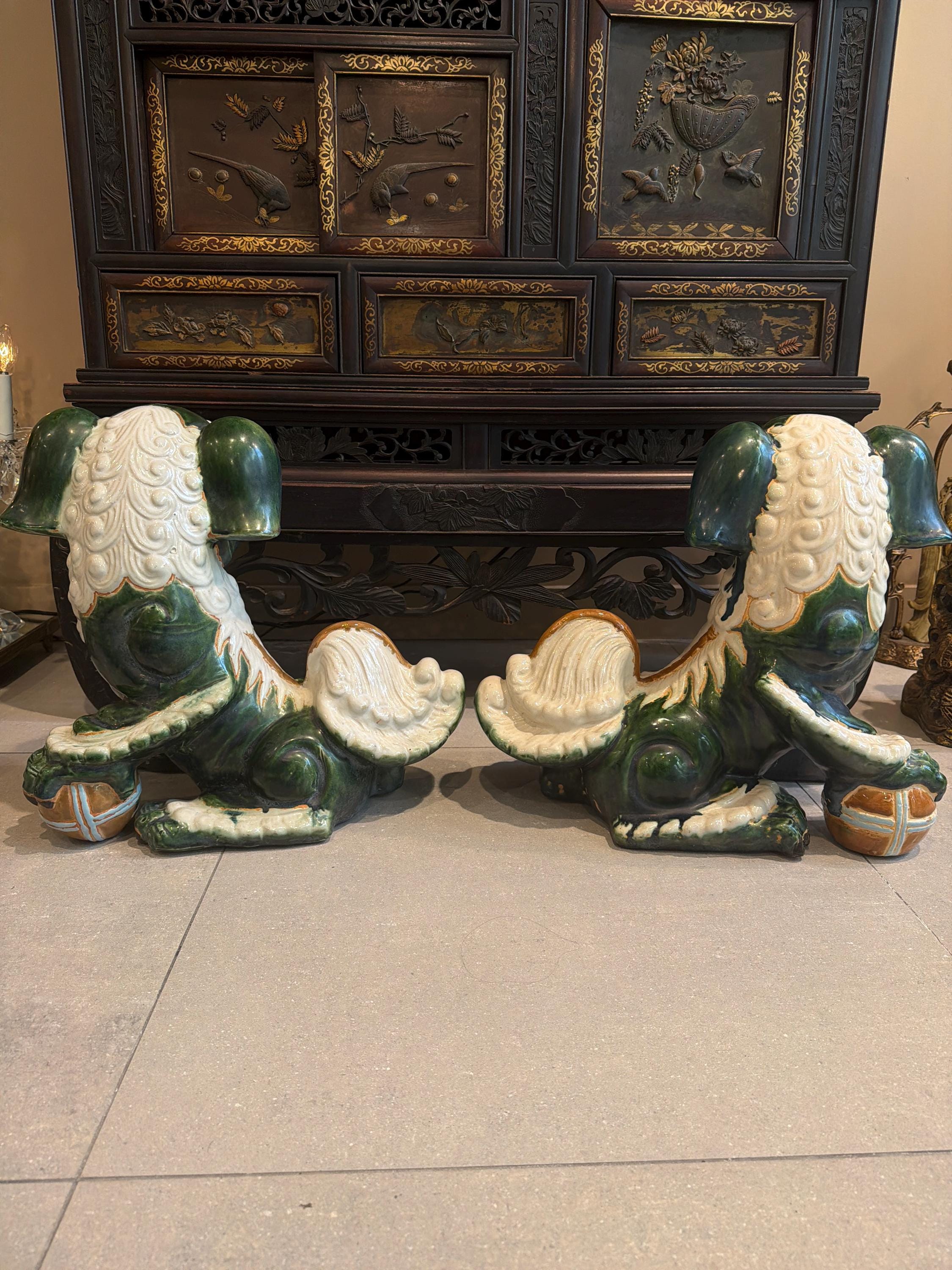 Vintage Green Glazed Foo Dog Pair, 16" Chinese Guardian Lions, Hollywood Regency Chinoiserie Statues