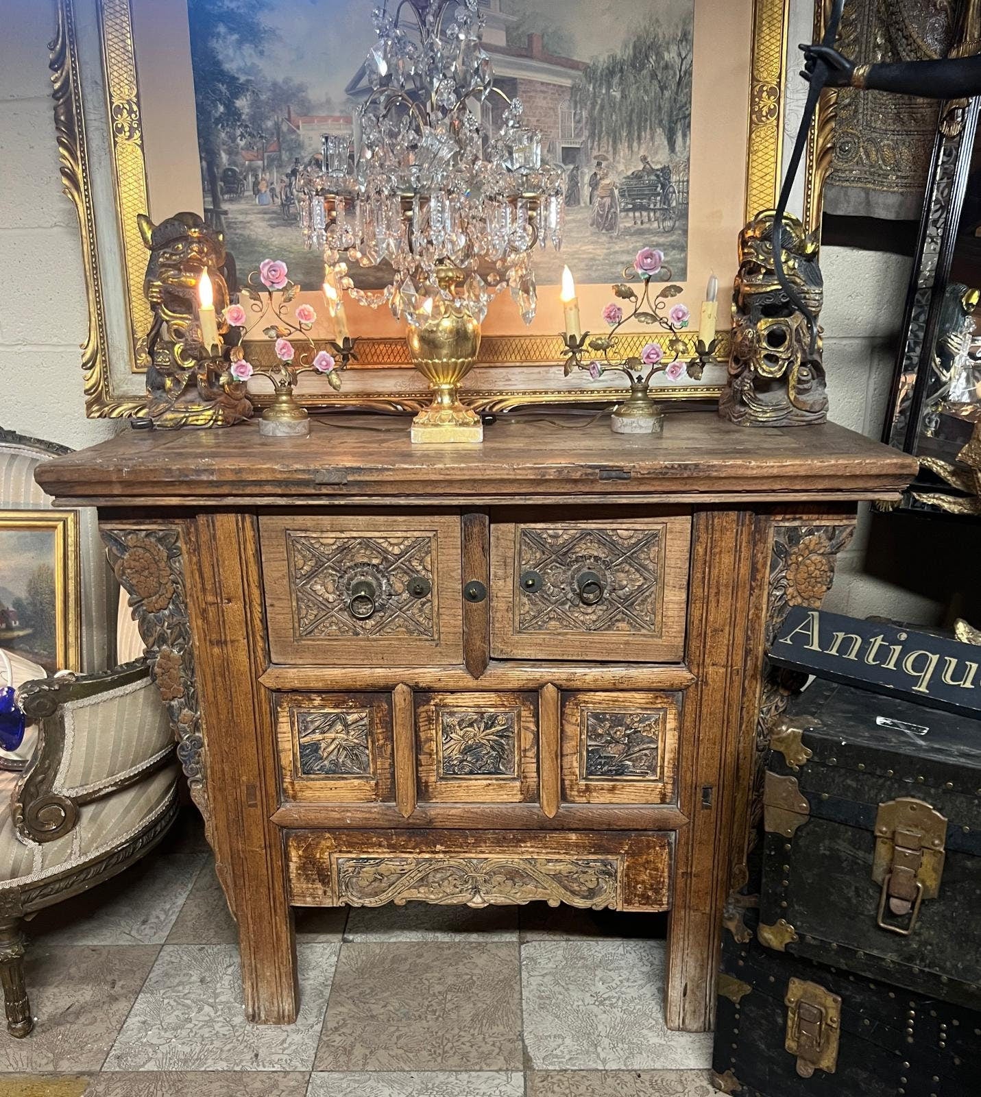 Antique Hand Carved Wood Chest Unique Rustic Floral Panel Design Ornate Storage Cabinet French Farmhouse Style Entryway Furniture Decor
