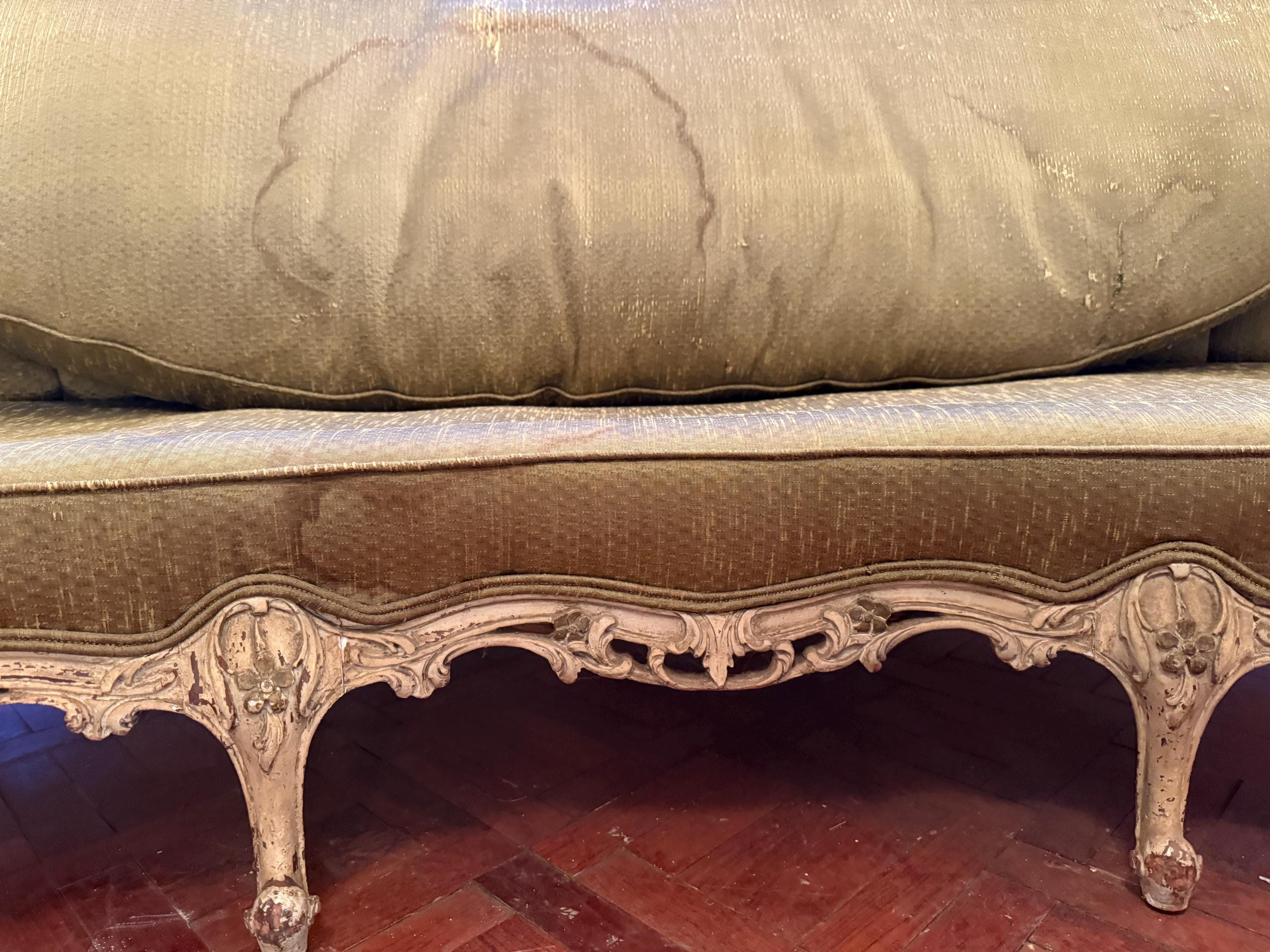 Antique French Louis XV Style Tufted Canapé  Antique French Sofa Ornate Carved Frame Reupholstery Louis XV Style Circa 1900s Luxurious Sofa