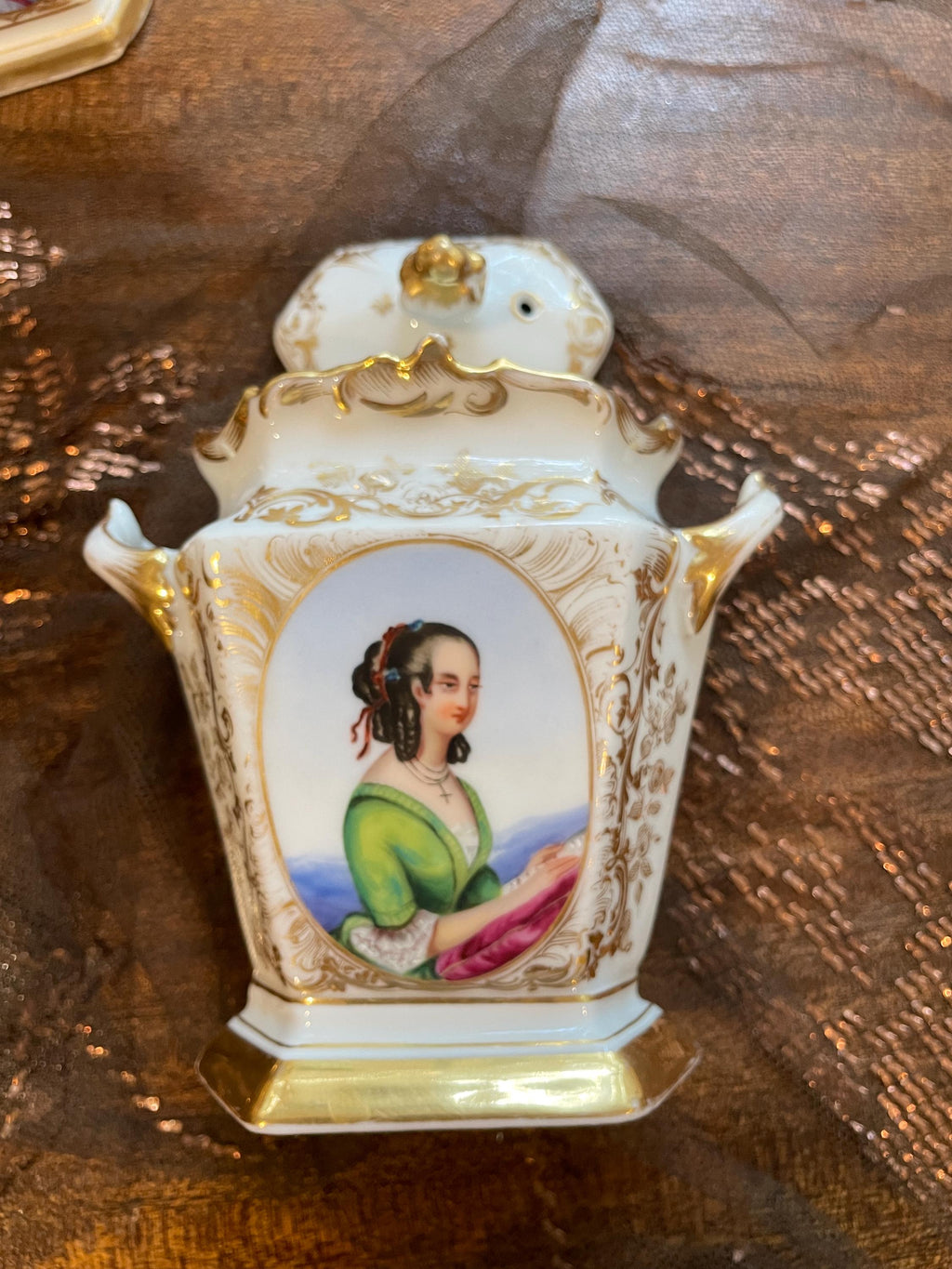 Very Old Paris Portrait Gold Gilt Porcelain Hand Painted Creamer Sugar Bowl Coffee Pot Victorian Ornate Gilded Serving Tray French Tea Set