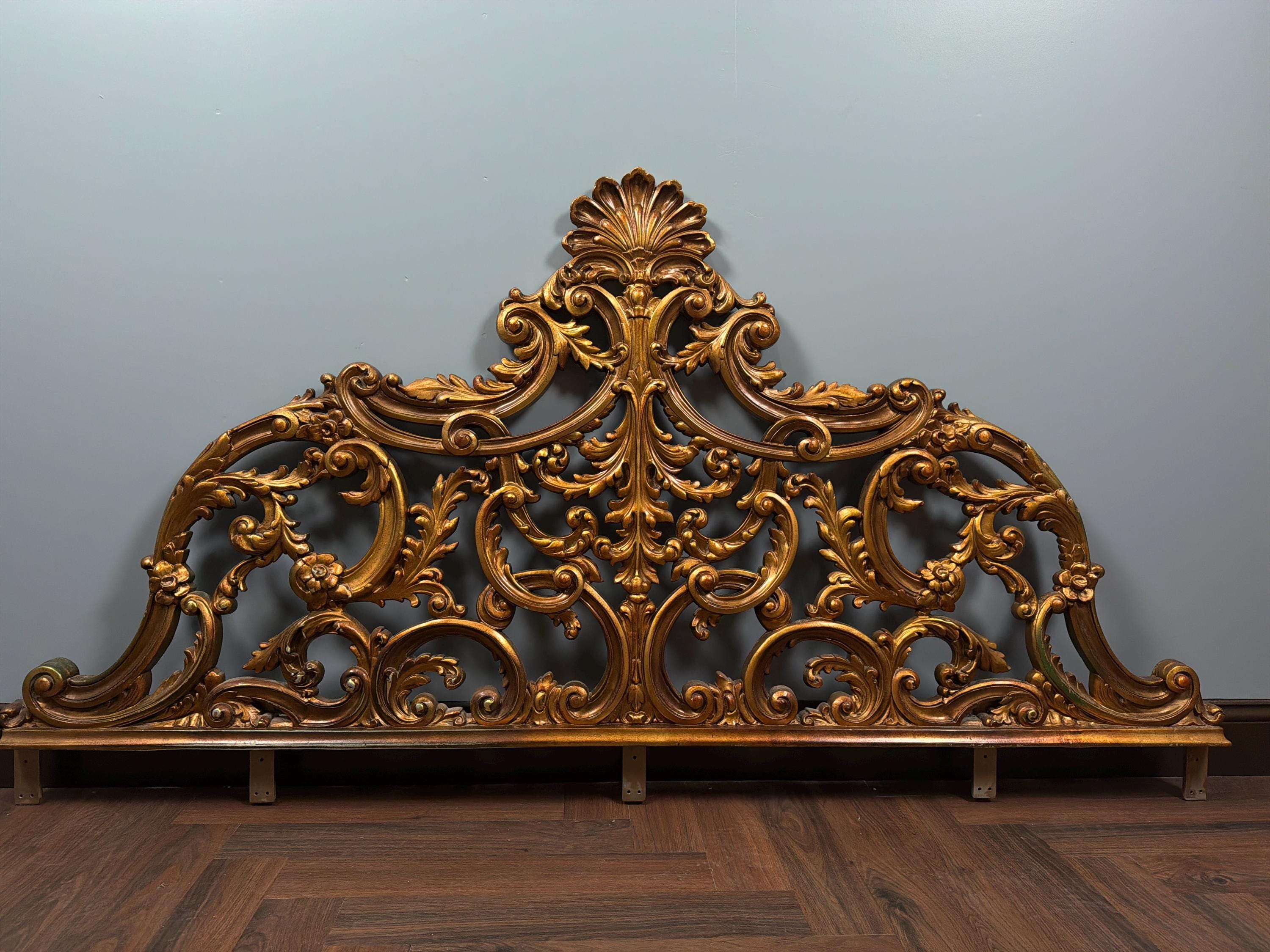 Vintage Rococo King Headboard | Ornate Gold-Tone Cast Metal Statement Piece