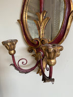 Antique Pair of French Style Rococo Design Wood Wall Candle Sconces Hand-Painted Red & Gold Gilded Pair, Baroque Style Candleholders