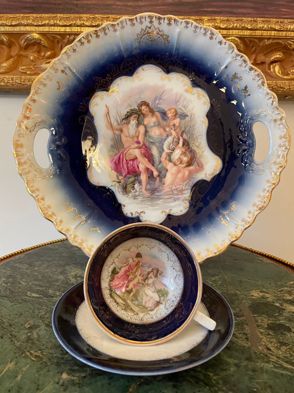 Antique Cobalt Blue Porcelain Tray Tea Cup Saucer Set Mythological Figures Hand Painted Gold Details Rococo Design European Collectible Art
