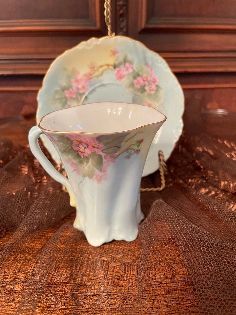 Antique Versailles Demitasse Cup Saucer Set Hand Painted Pink Blossoms Scalloped Edges Pastel Blue Gold Rim Vintage Porcelain Collectible