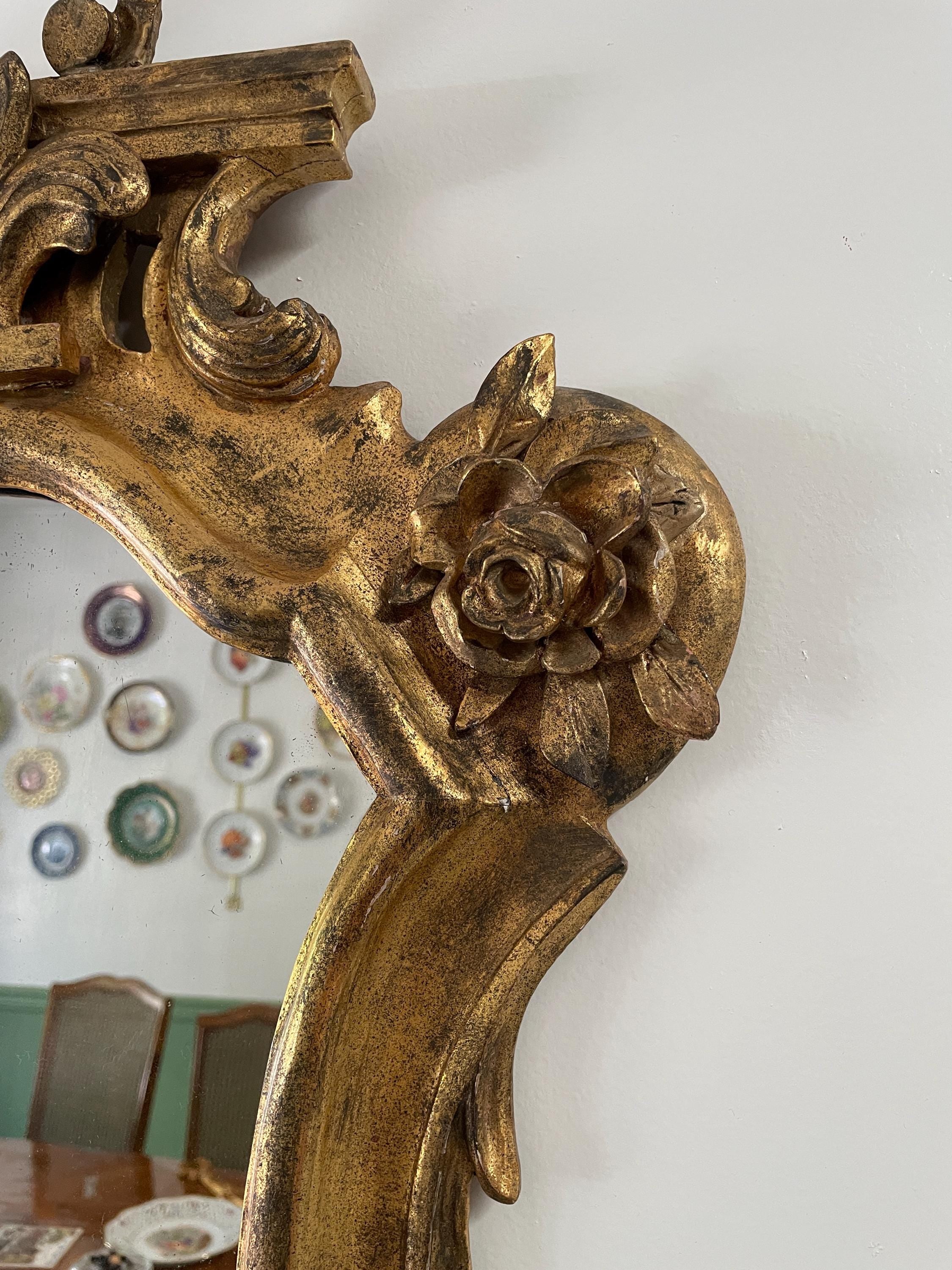 Antique Italian Giltwood Wall Mirror Floral Carved Ribbon Crest Oval Mirror Rococo Style Elegant Accent Vintage Gold Leaf Hanging Mirror