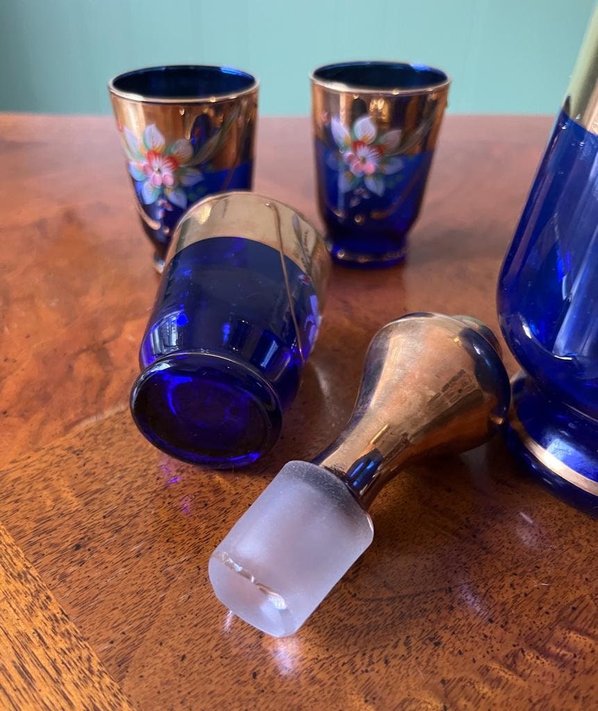 Vintage Cobalt Blue Glass Decanter Set Gold Floral Enamel Bohemian Style Barware Elegant Home Decoration Mid Century Gift Idea Collectible