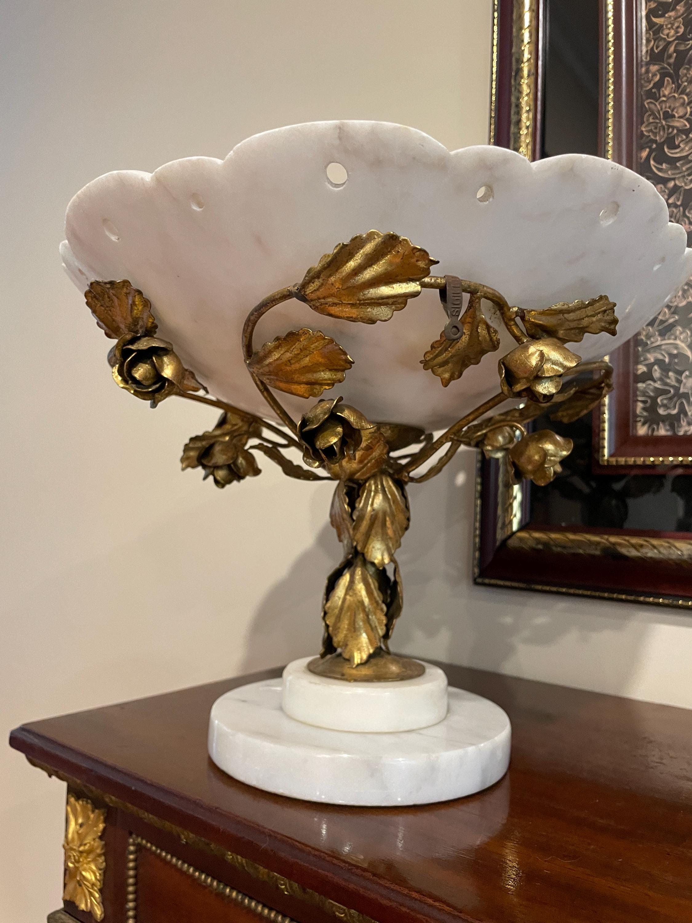 Antique White Marble Compote Centerpiece Pedestal Bowl Ornate Floral Gilt Brass Base French Victorian Table Decor Elegant Classic Accent