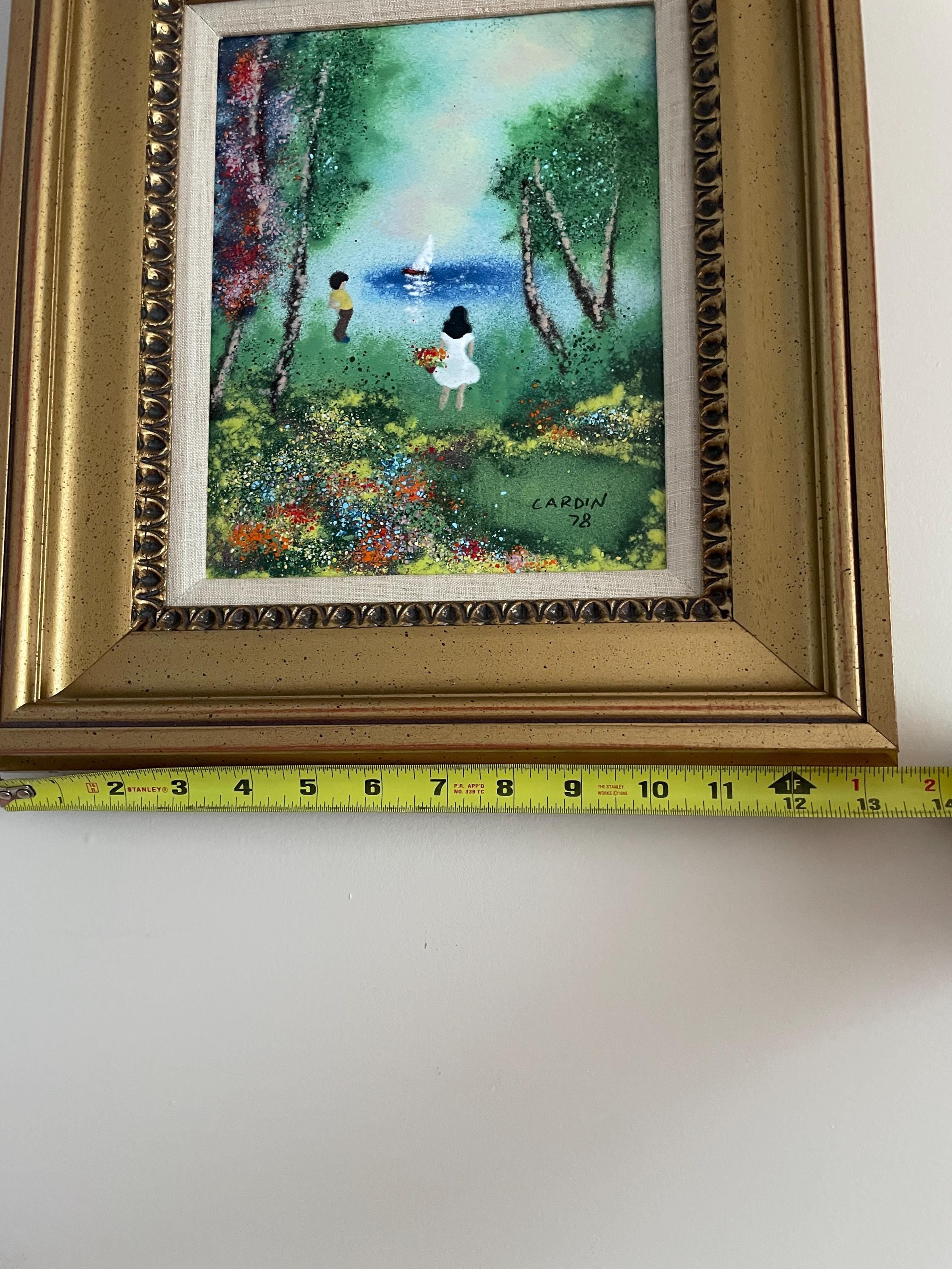 Louis Cardin Signed Original 1978 Artwork Framed Impressionist Painting Enamel Nature Scene Collectible Wall Art Certified Vintage Frame Art