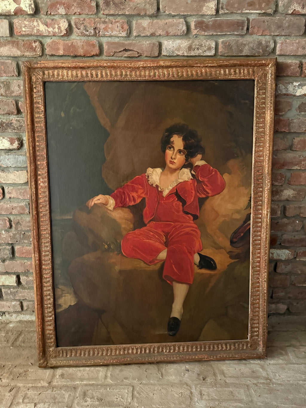 Antique Oil Painting of a Young Boy Red Large Framed Portrait 19th C English Style Rare Impressive Artwork Thomas Lawrence Inspired Wall Art