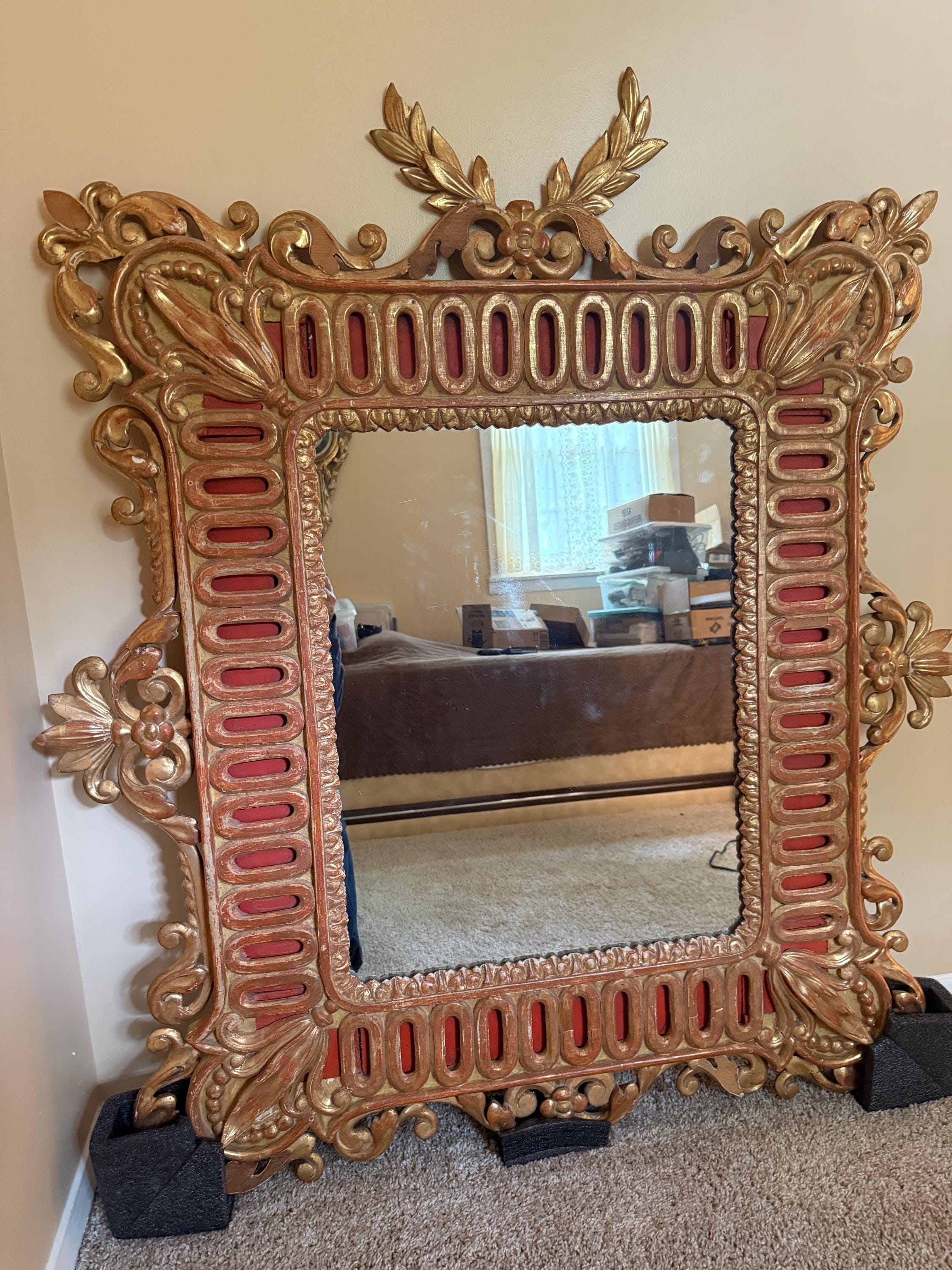 Old Vintage 1940s Baroque Style Gilt Mirror Ornate Gold Frame Luxurious French Wall Mirror Rococo Gold Carved Wood Large Decorative Mirror