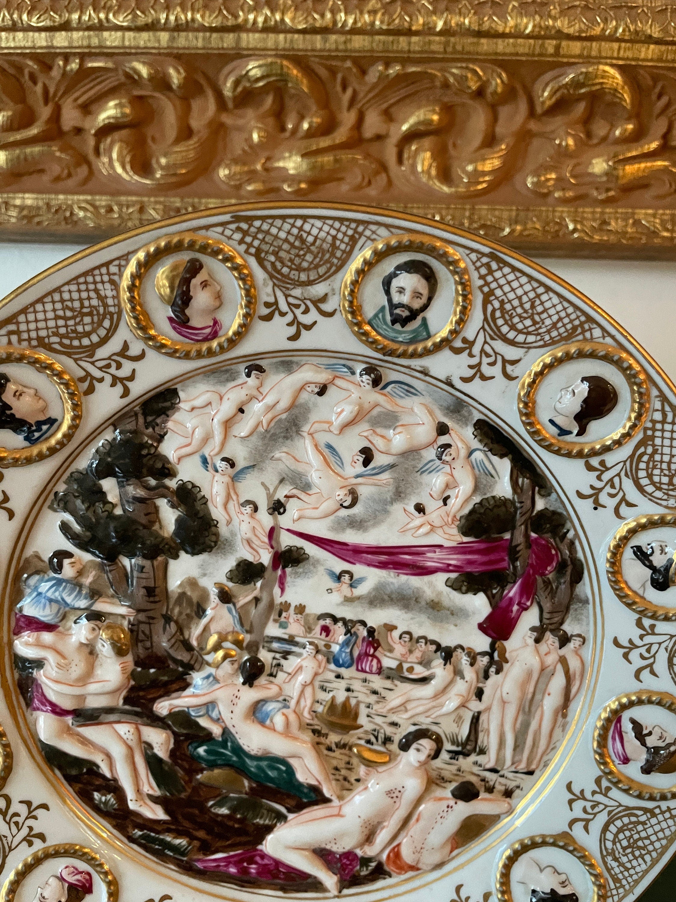 Antique Nude Scene Porcelain Plate Embossed Gold Border Mythological Bacchanal Style Collectible Display Hand Painted Rococo Decoration